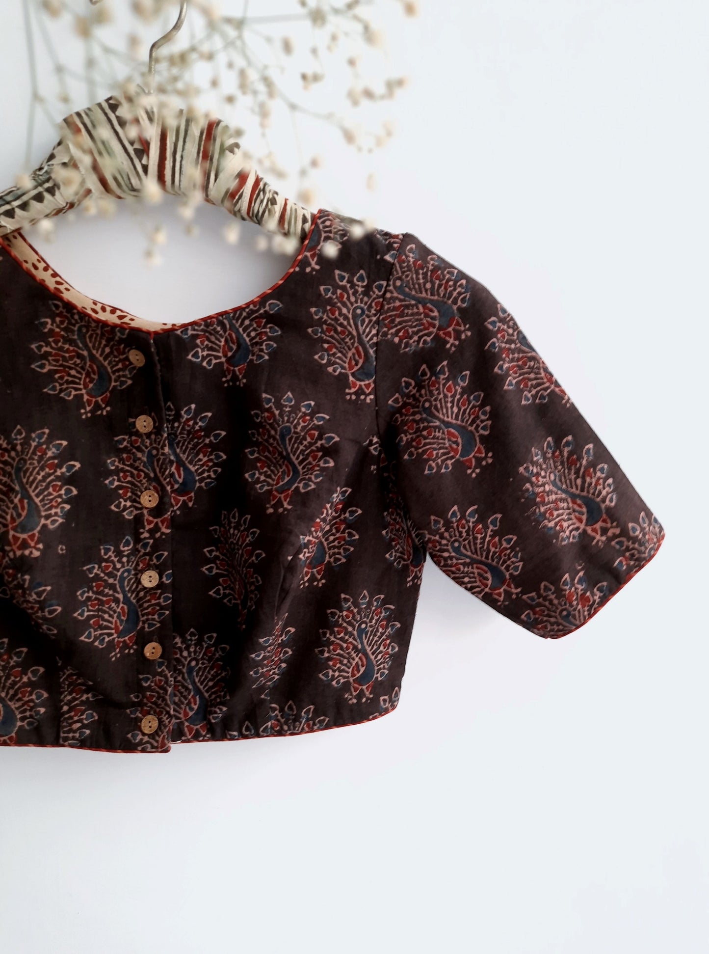 Ajrakh hand block print blouse in brown color, Brown ajrakh prints blouse, Handmade ajrakh blouse, Sale