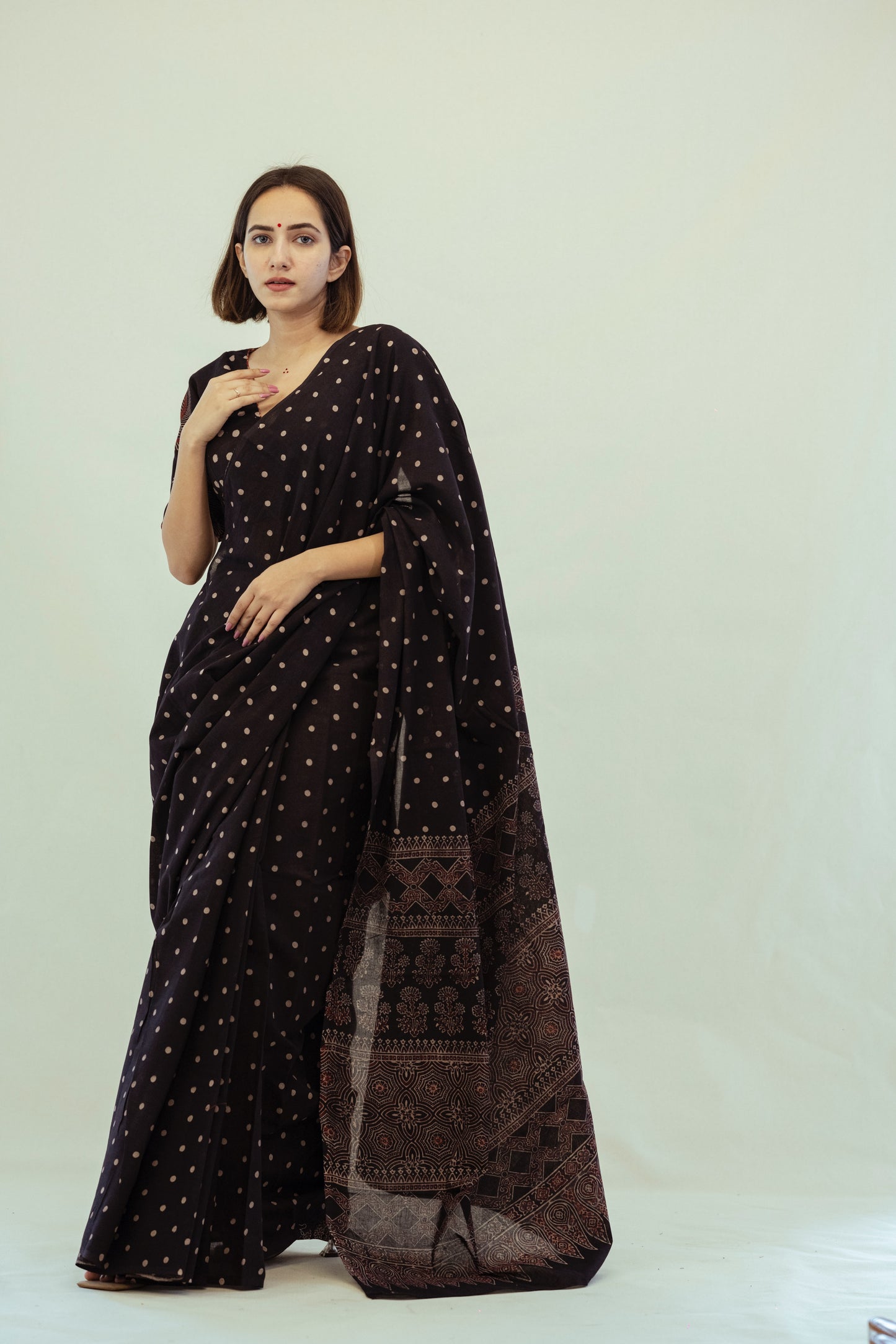 Ajrakh black polka dots saree, Charcoal black ajrakh prints saree, Sari, Slow fashion