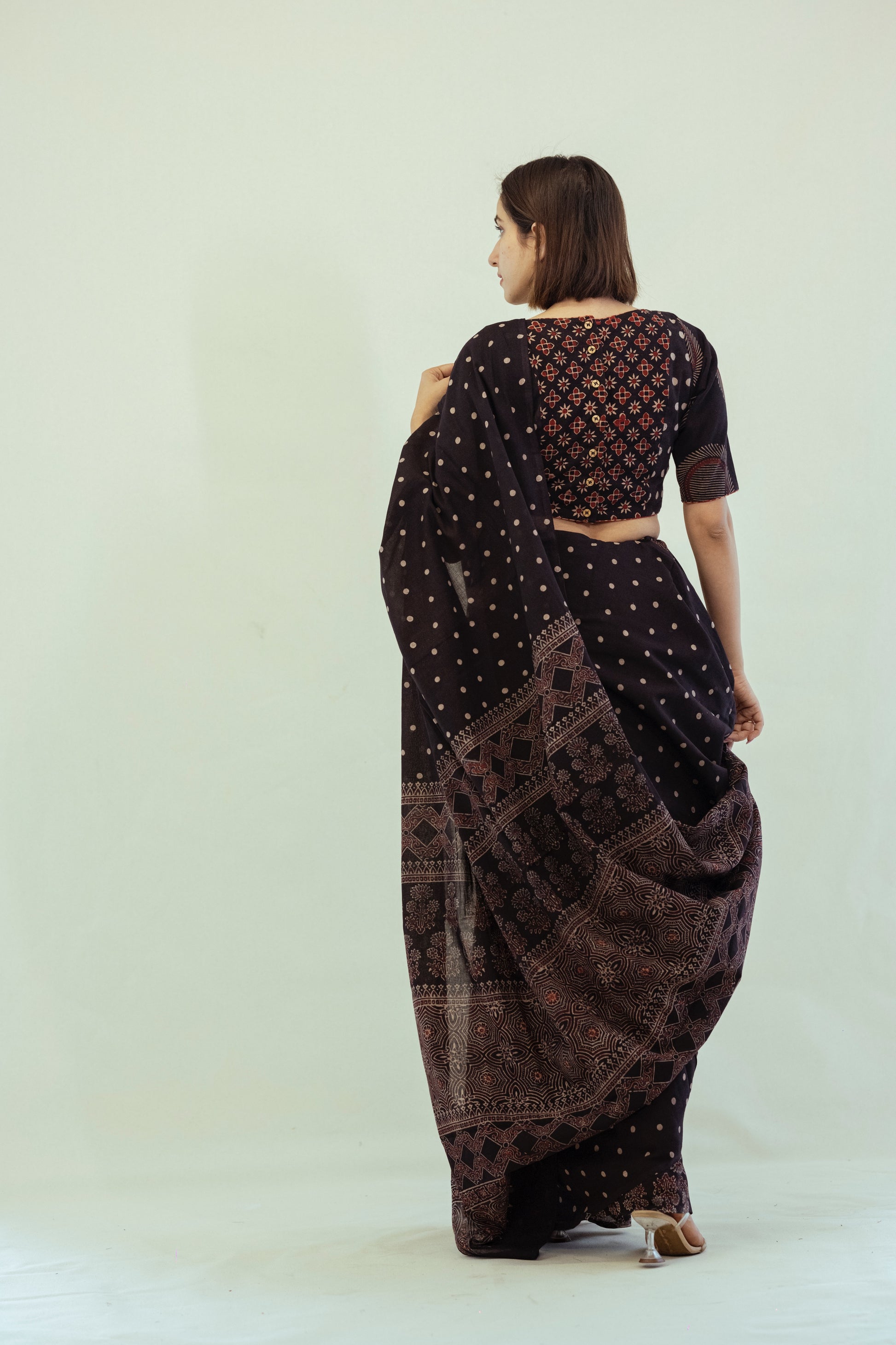 Ajrakh black polka dots saree, Charcoal black ajrakh prints saree, Sari, Slow fashion