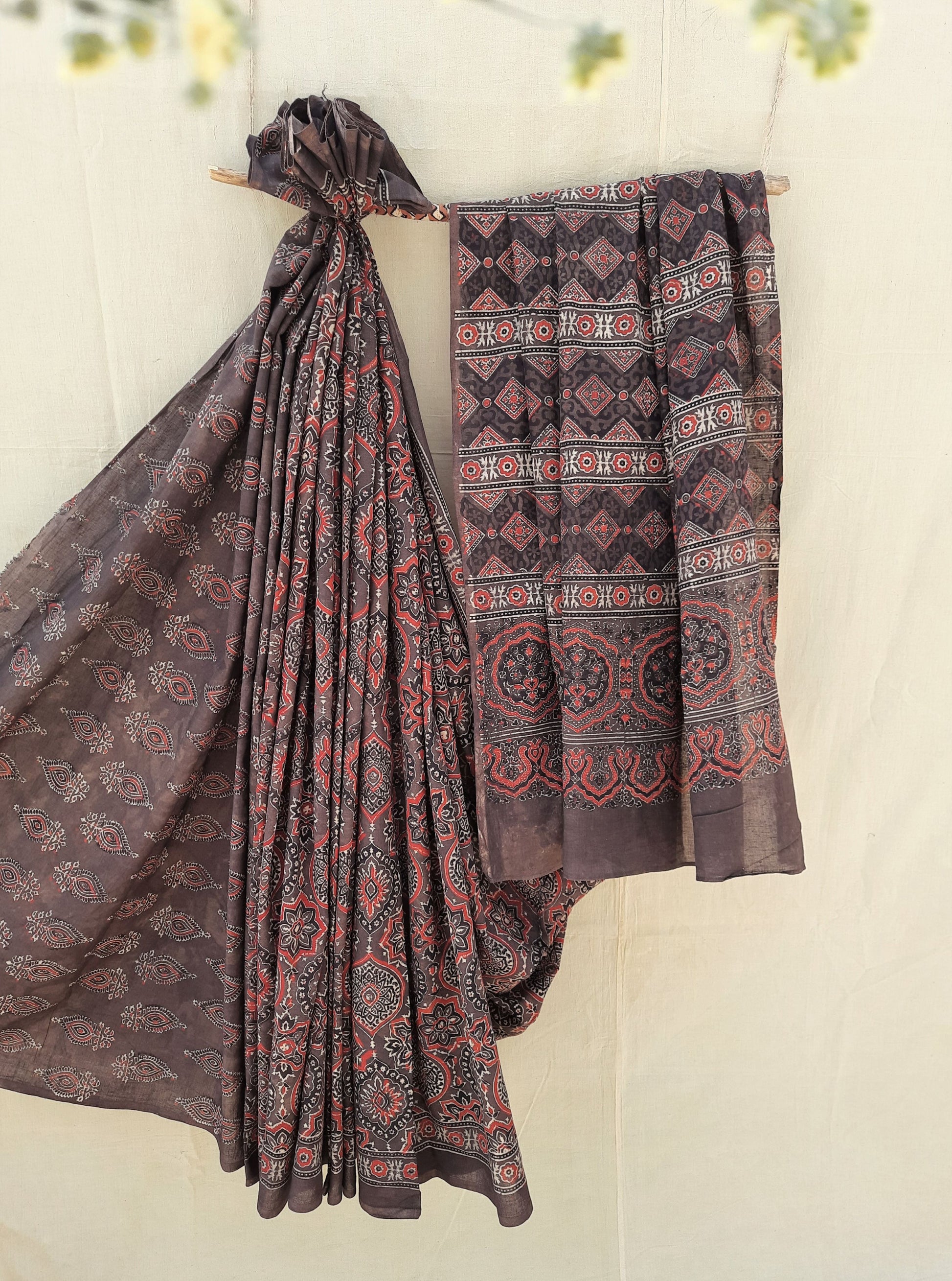 Ajrakh cotton saree in brown color, Ajrakh prints sari in brown color, Earthy chocolate brown ajrakh prints saree