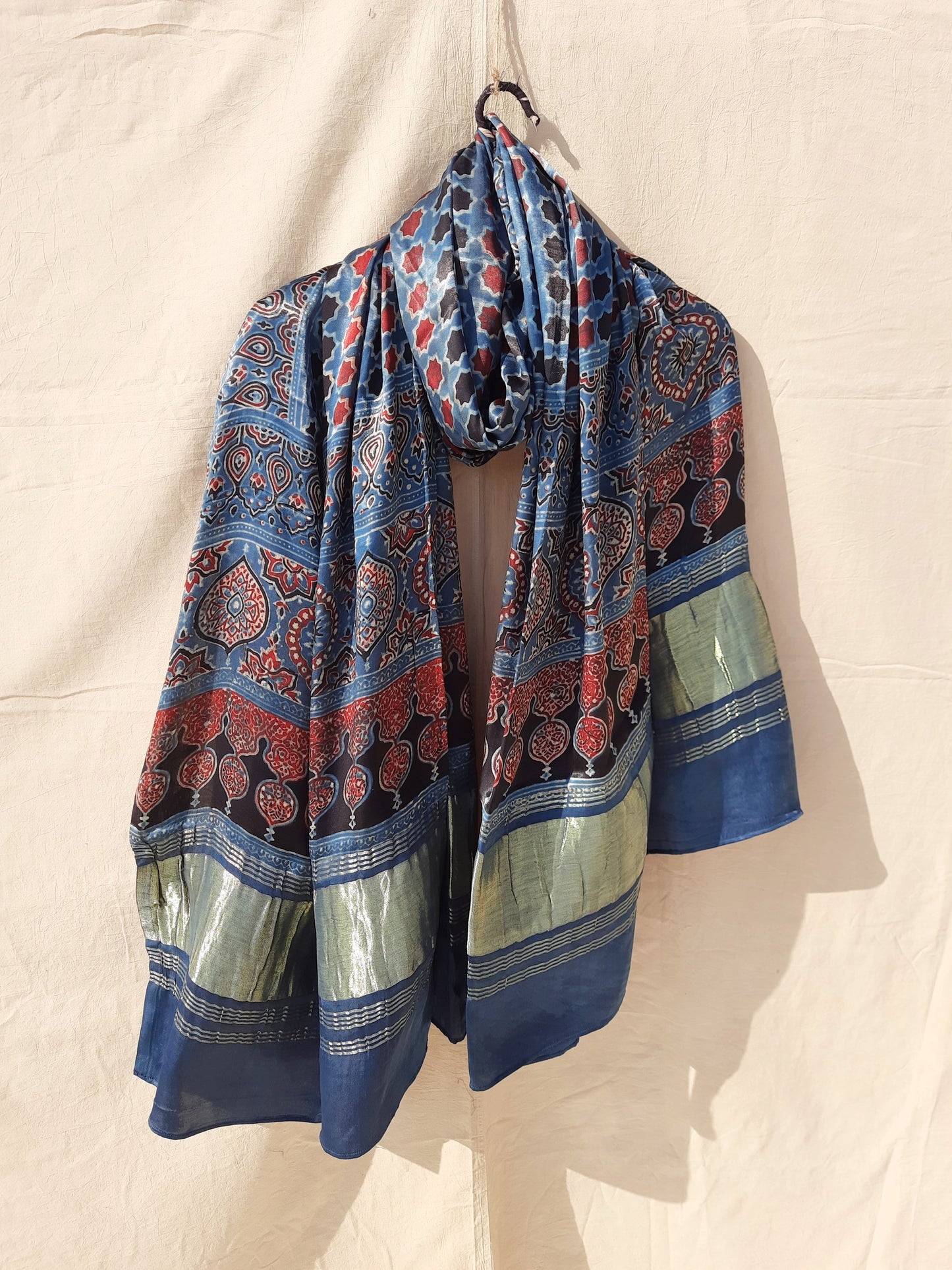 Ajrakh hand block print dupatta dyed in indigo, Indigo ajrakh modal silk dupatta, Handmade clothing