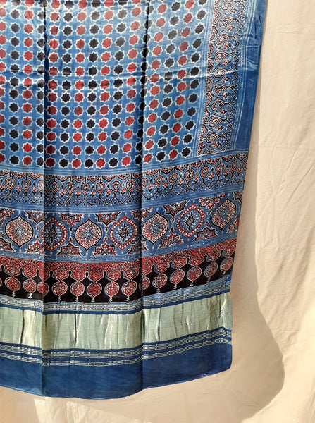 Ajrakh hand block print dupatta dyed in indigo, Indigo ajrakh modal silk dupatta, Handmade clothing