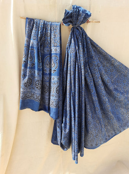 Ajrakh indigo saree in cotton, Ajrakh hand block print indigo dyed saree, Handmade cotton ajrakh prints saree