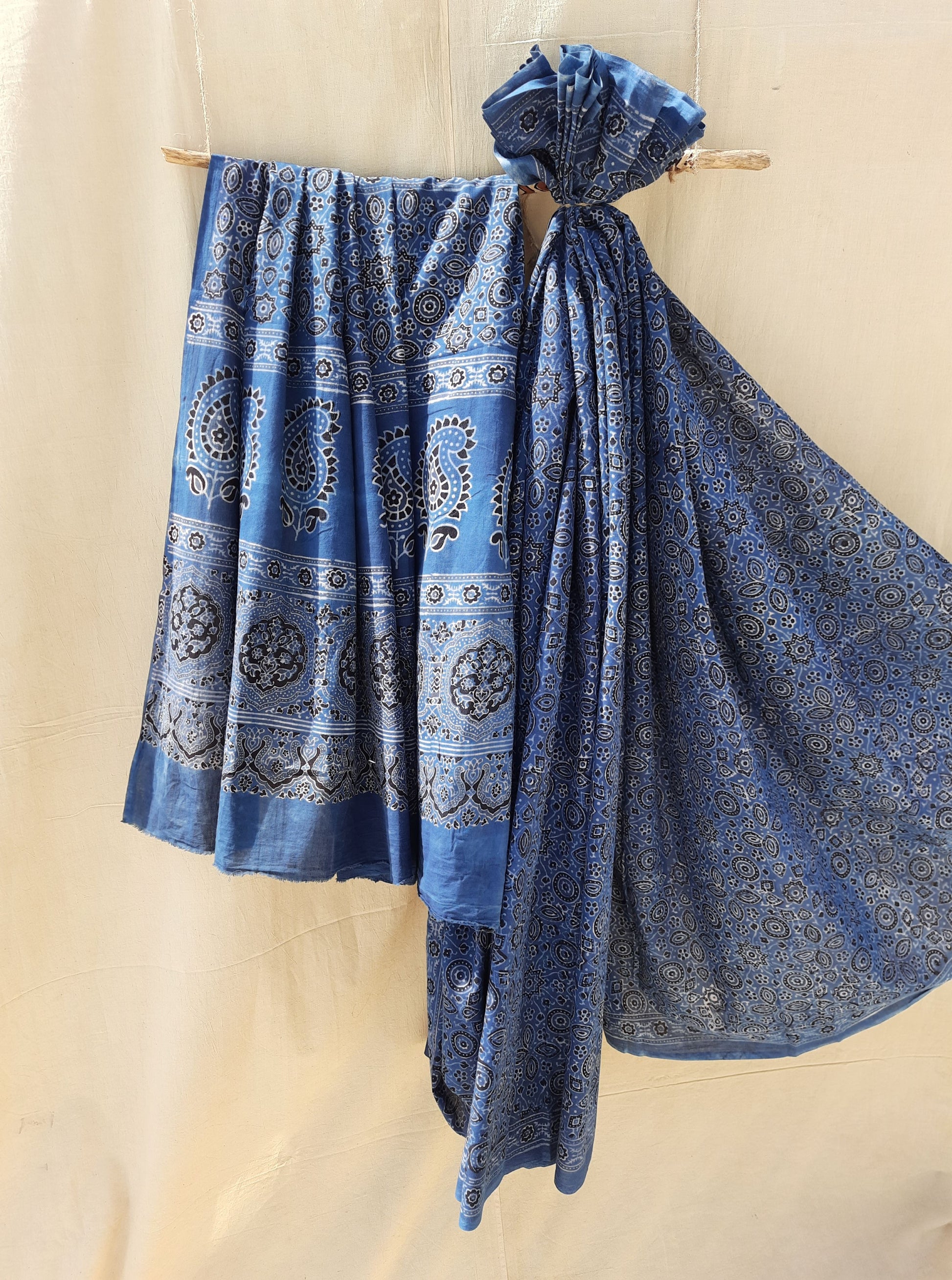 Ajrakh indigo saree in cotton, Ajrakh hand block print indigo dyed saree, Handmade cotton ajrakh prints saree