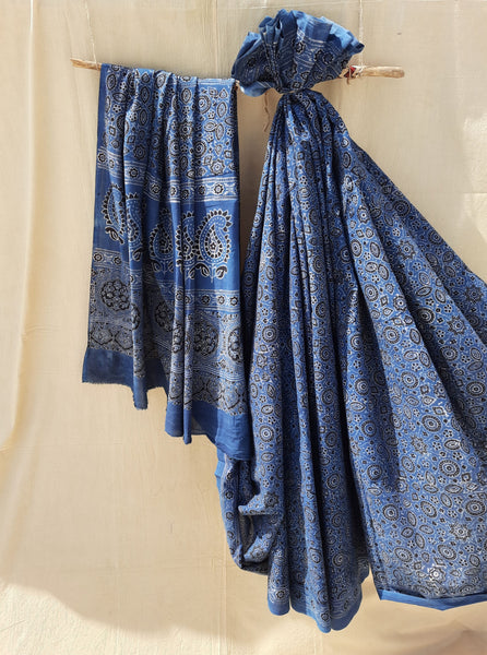 Ajrakh indigo saree in cotton, Ajrakh hand block print indigo dyed saree, Handmade cotton ajrakh prints saree