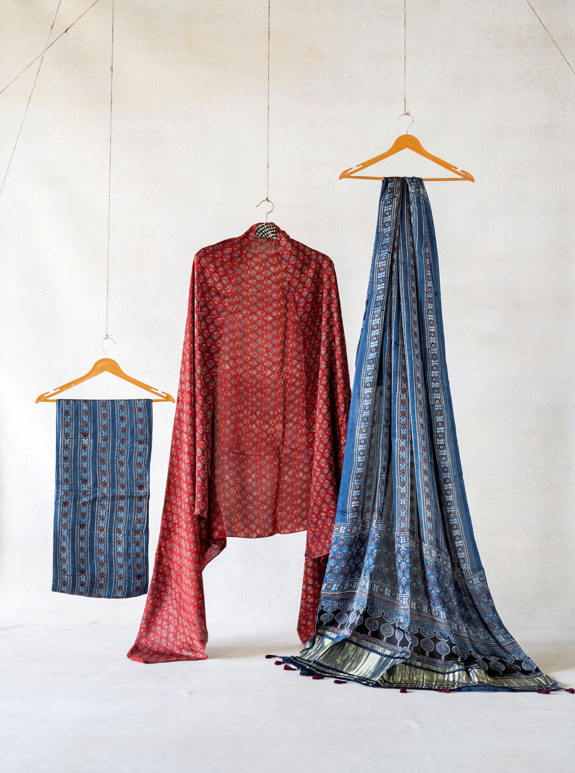 Ajrakh madder and indigo modal silk suit set