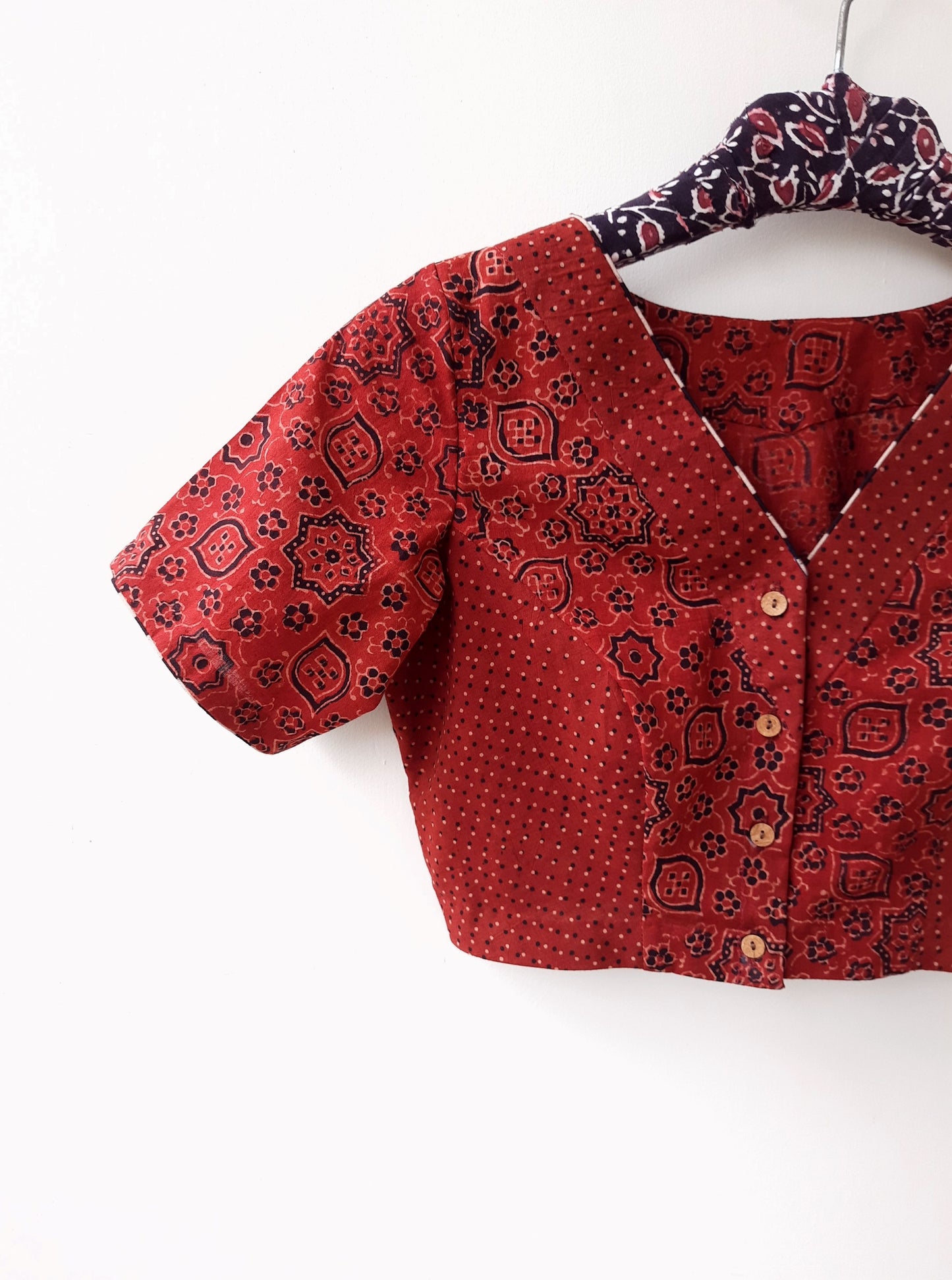 Ajrakh maroon blouse, Ajrakh prints saree blouse in maroon color, Madder red ajrakh blouse, Natural dyed ajrakh blouse