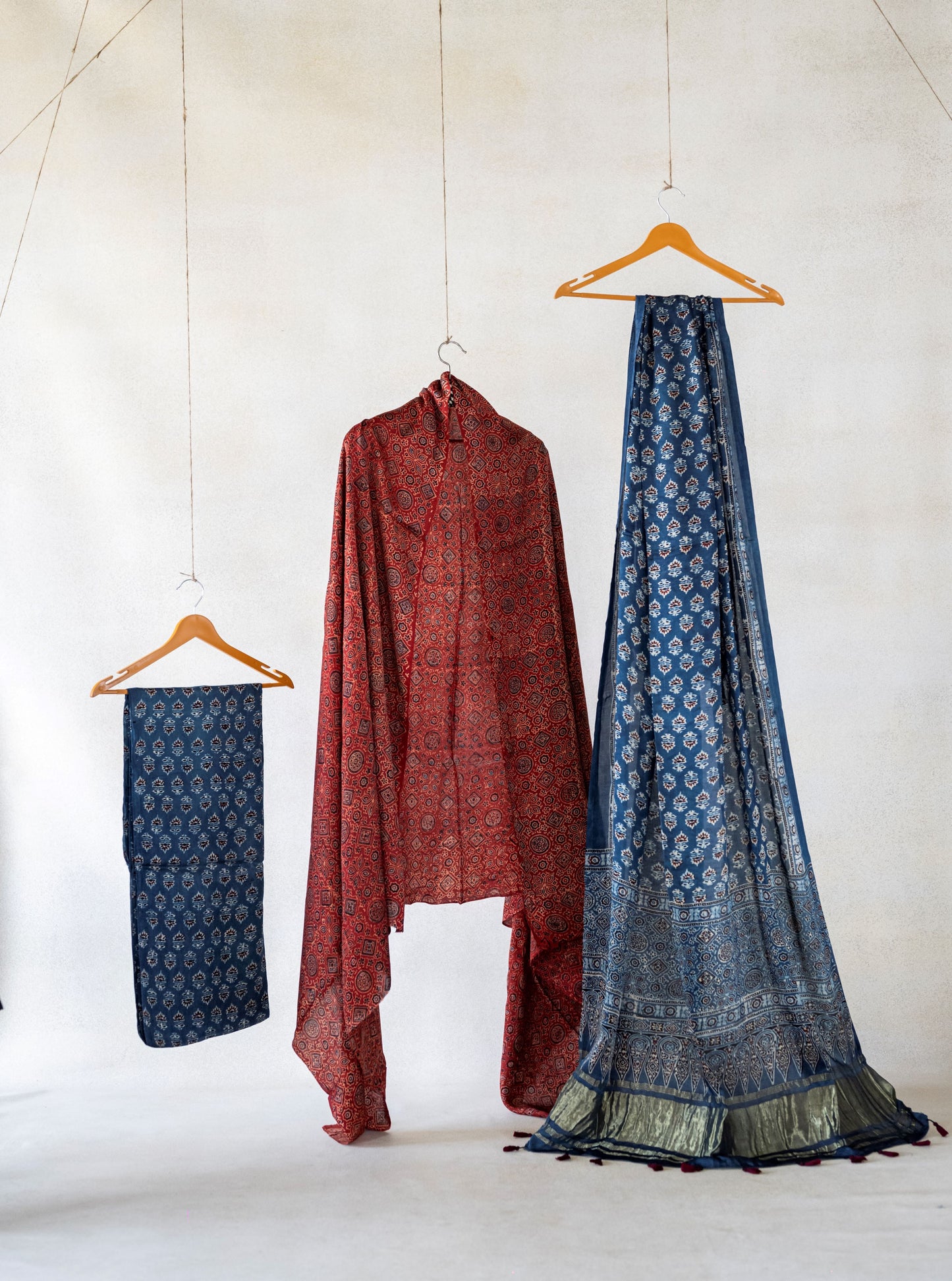 Ajrakh modal silk unstitched suit set, Handmade clothing