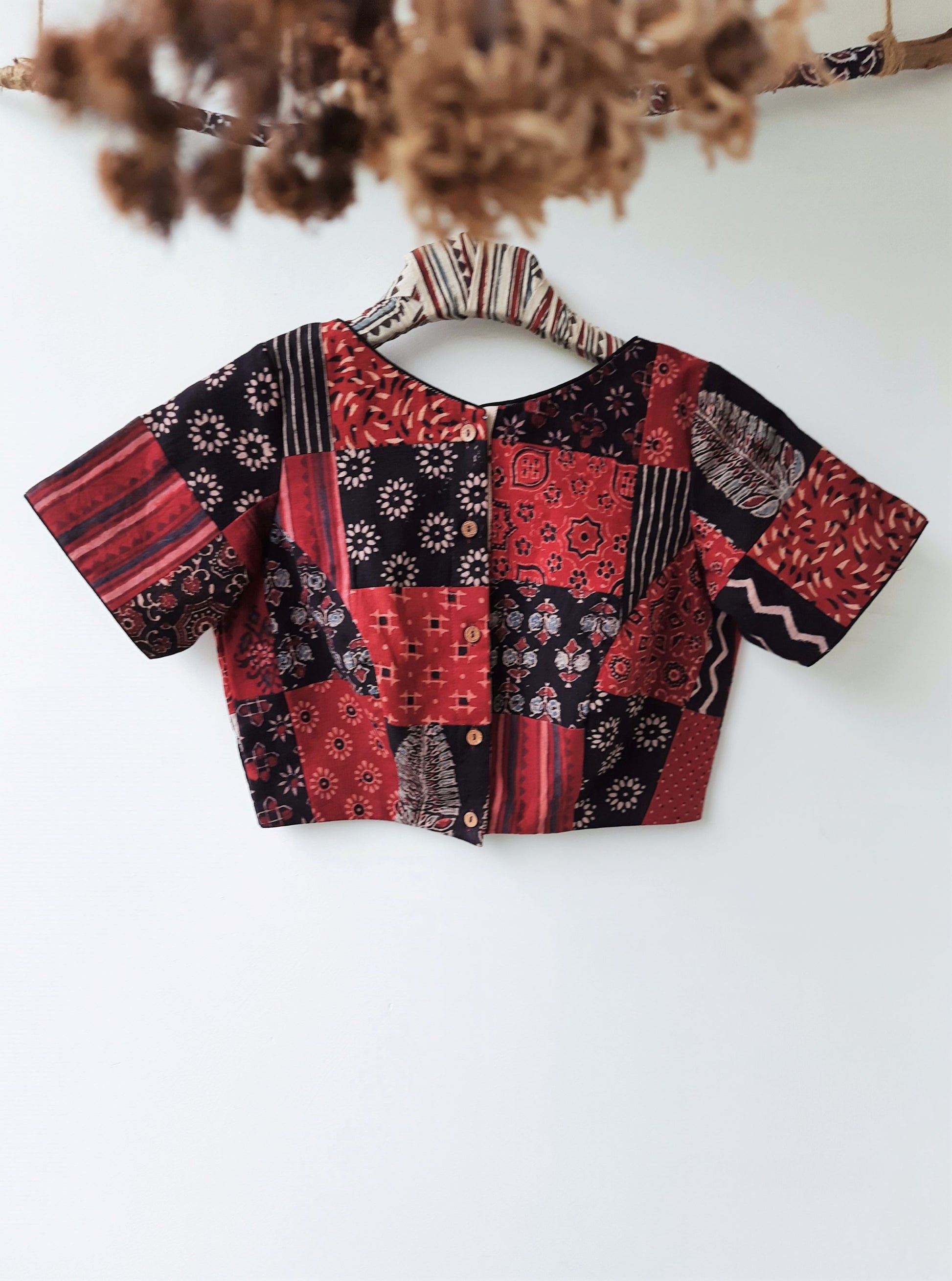 Ajrakh patchwork blouse in black and red color, Ajrakh prints blouse, Black ajrakh patchwork blouse, Upcycled ajrakh patchwork blouse, Sustainable fashion