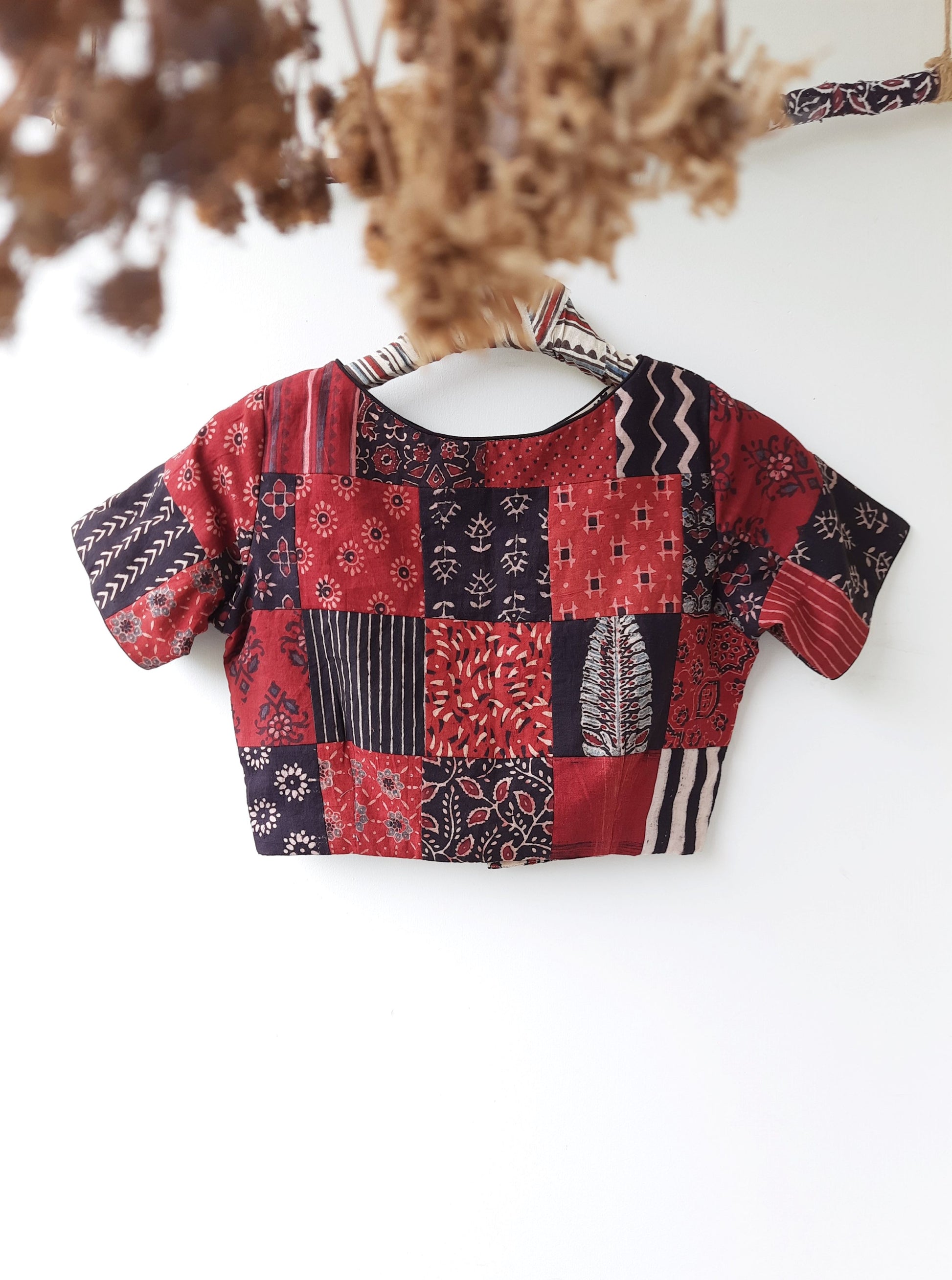 Ajrakh patchwork blouse in black and red color, Ajrakh prints blouse, Black ajrakh patchwork blouse, Upcycled ajrakh patchwork blouse, Sustainable fashion