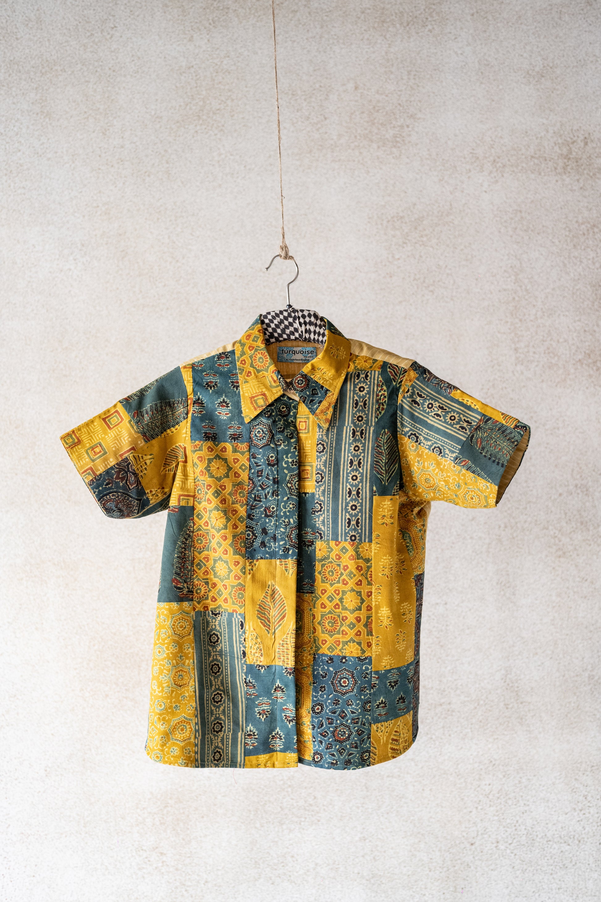 Ajrakh patchwork shirt in turmeric yellow and green color, Handmade ajrakh patchwork shirt, Zero waste fashion