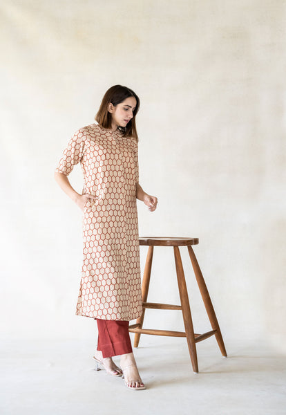 Ajrakh prints beige kurta, Beige hand block print ajrakh kurta in cotton, Natural dyed kurta