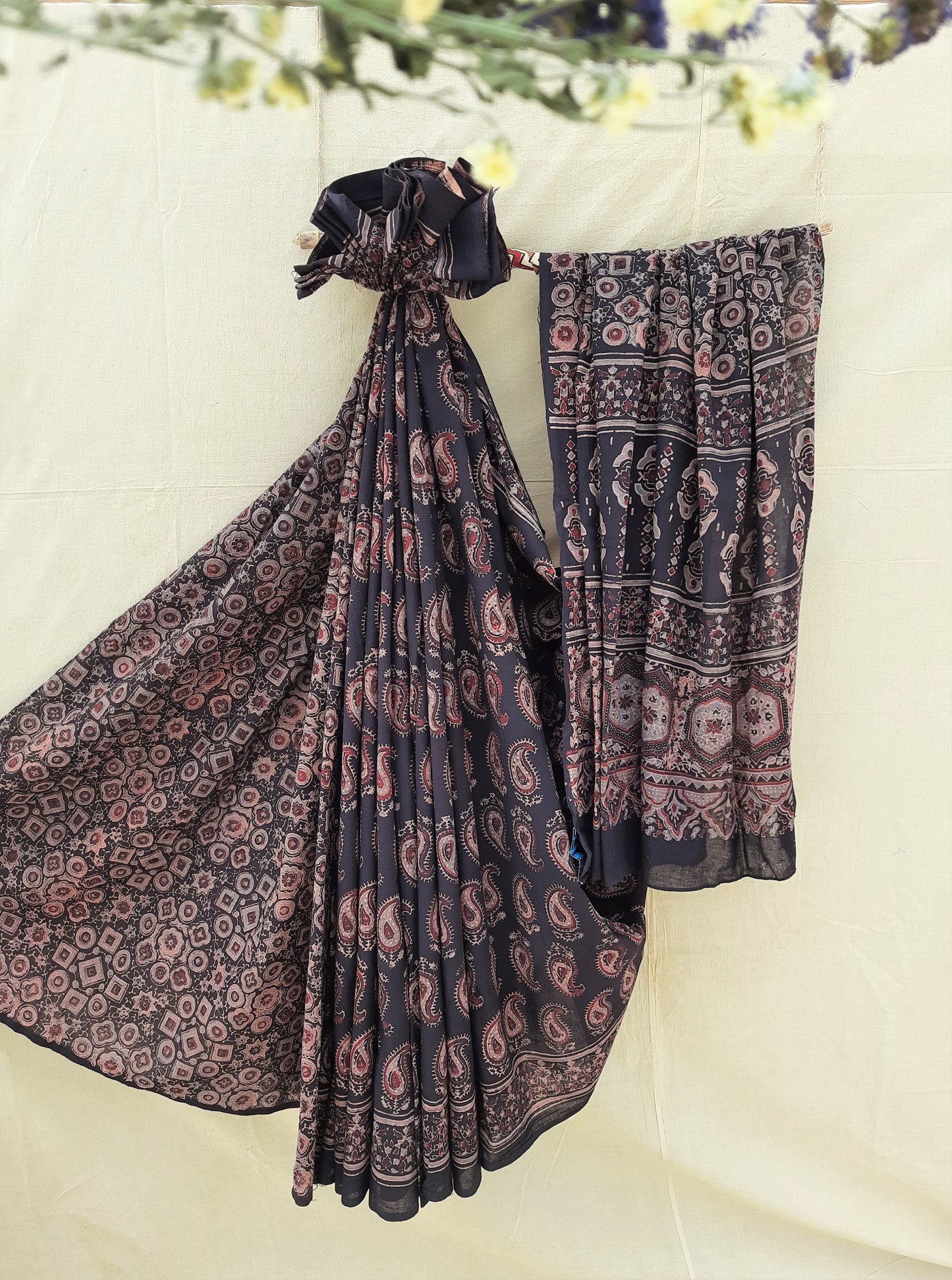Ajrakh prints black color saree, Ajrakh hand block print cotton sari in black color, Black ajrakh prints saree