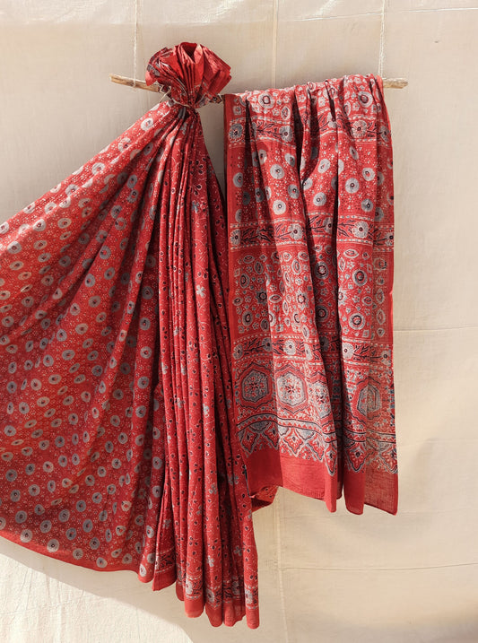 Ajrakh hand block print madder red saree, Ajrakh prints saree, Ajrakh prints cotton saree