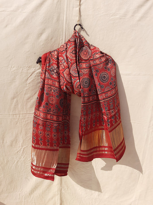 Ajrakh prints madder red dupatta in modal silk, Ajrakh modal silk dupatta, Conscious fashion