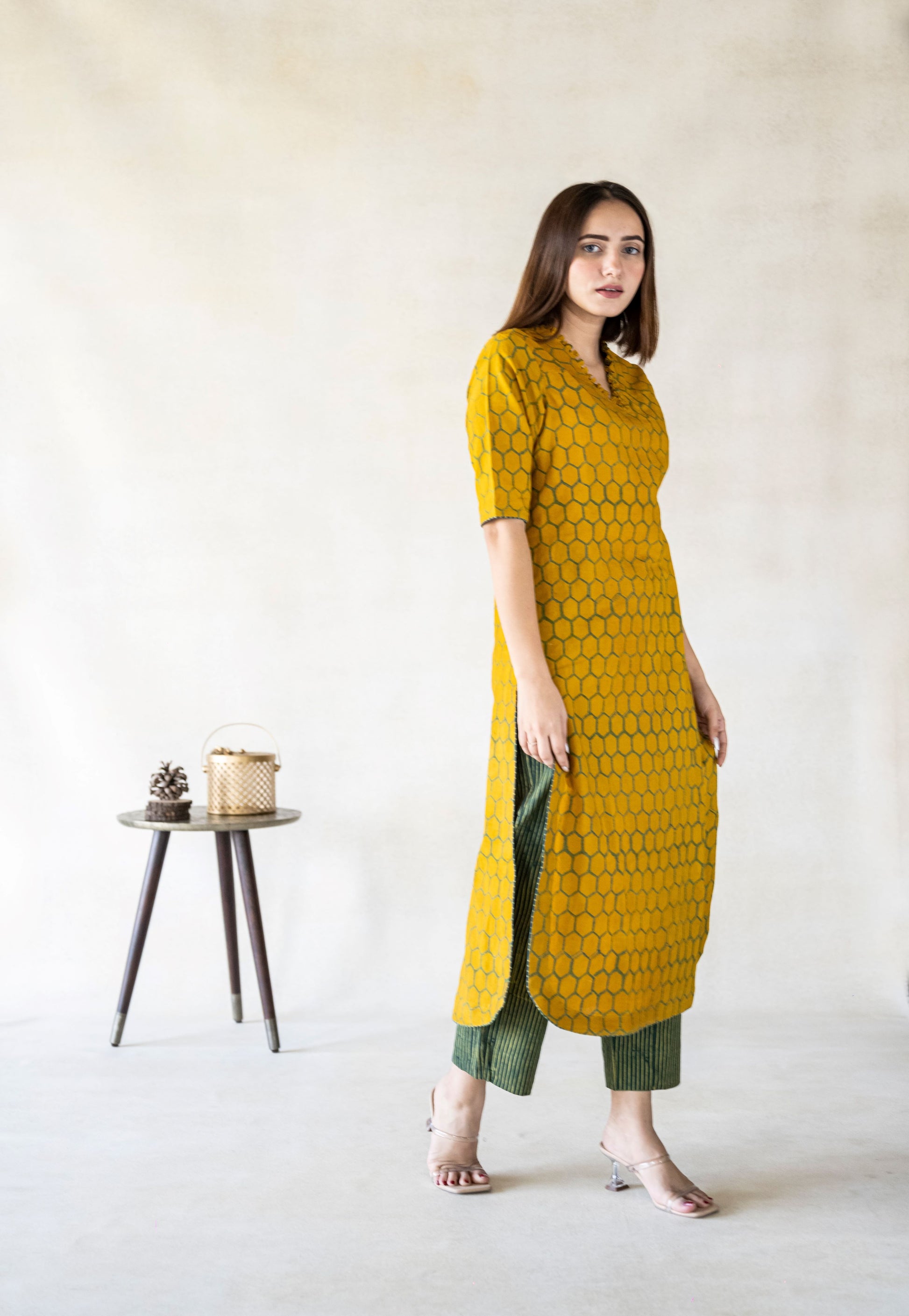 Ajrakh turmeric yellow kurta pants set, Handmade ajrakh hand block print kurta pants set in turmeric yellow and green color