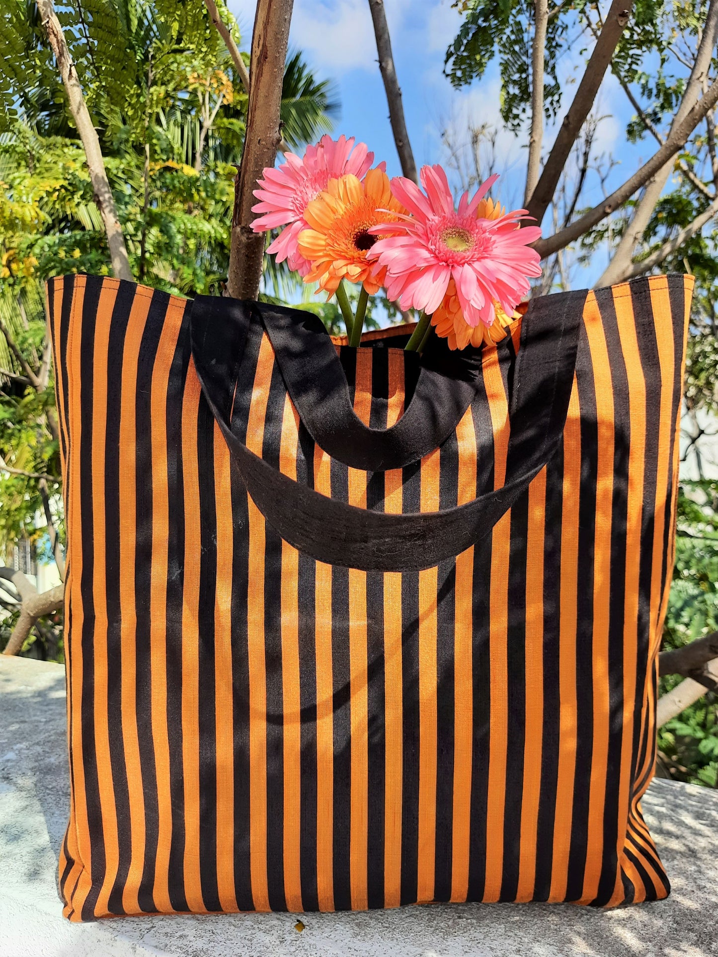 Striped jhola bag, upcycled striped jhola bag, handmade jhola bag, recycled jhola bag, Black & orange striped handbag, Fabric handbag, Jhola bag