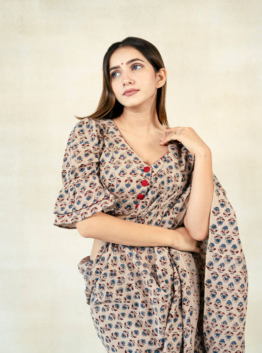 Beige ajrakh organic cotton blouse, Ajrakh hand block print blouse in organic cotton, Handmade blouse