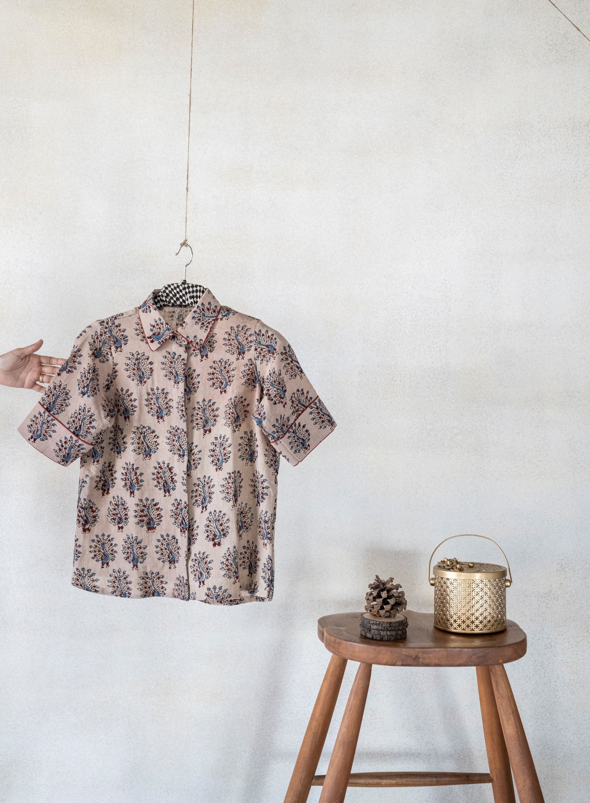 Beige organic cotton ajrakh shirt, Handwoven ajrakh prints women's shirt