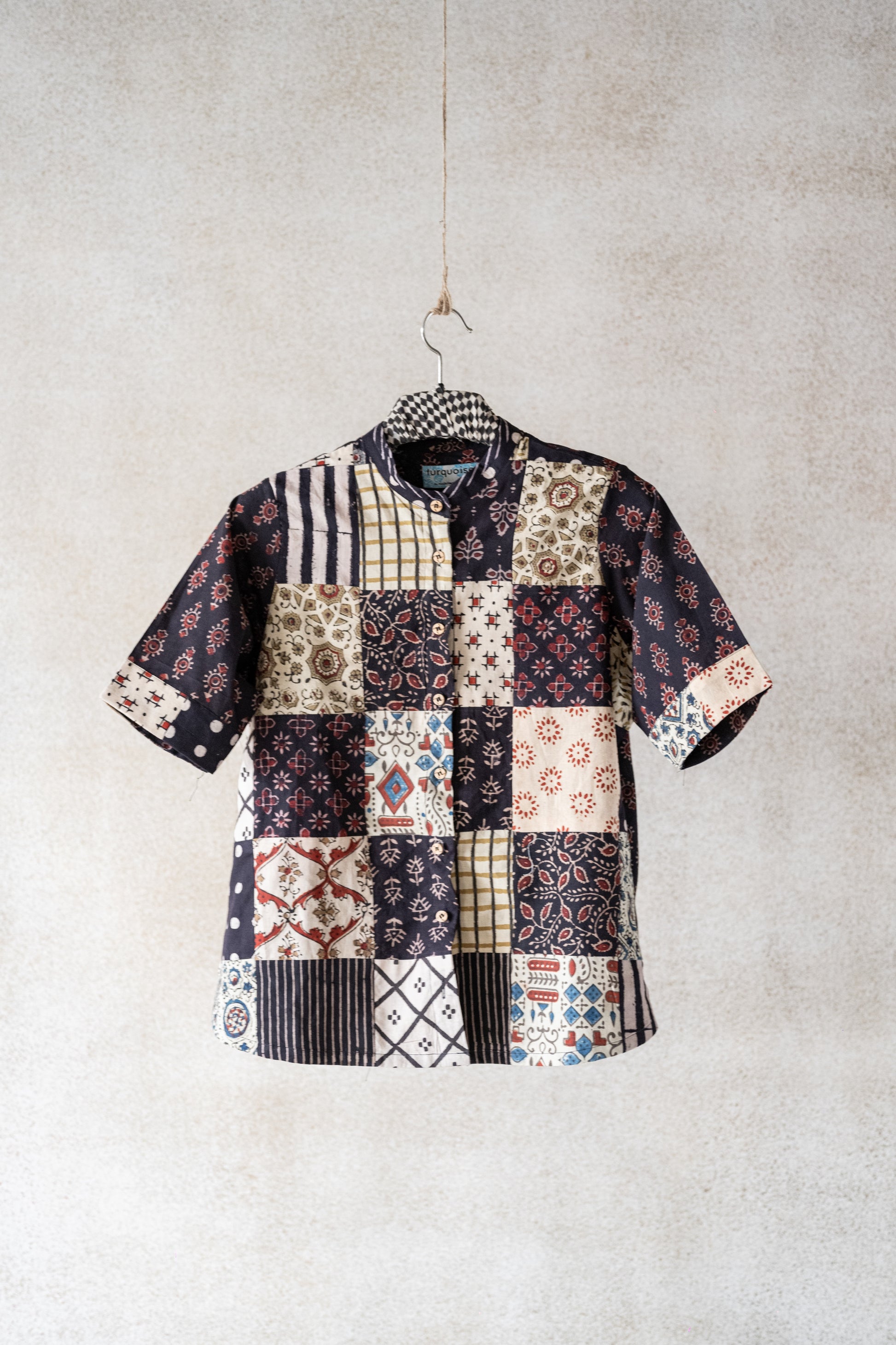 Black and off white ajrakh patchwork shirt, Handmade clothing, Up-cycled patchwork shirt