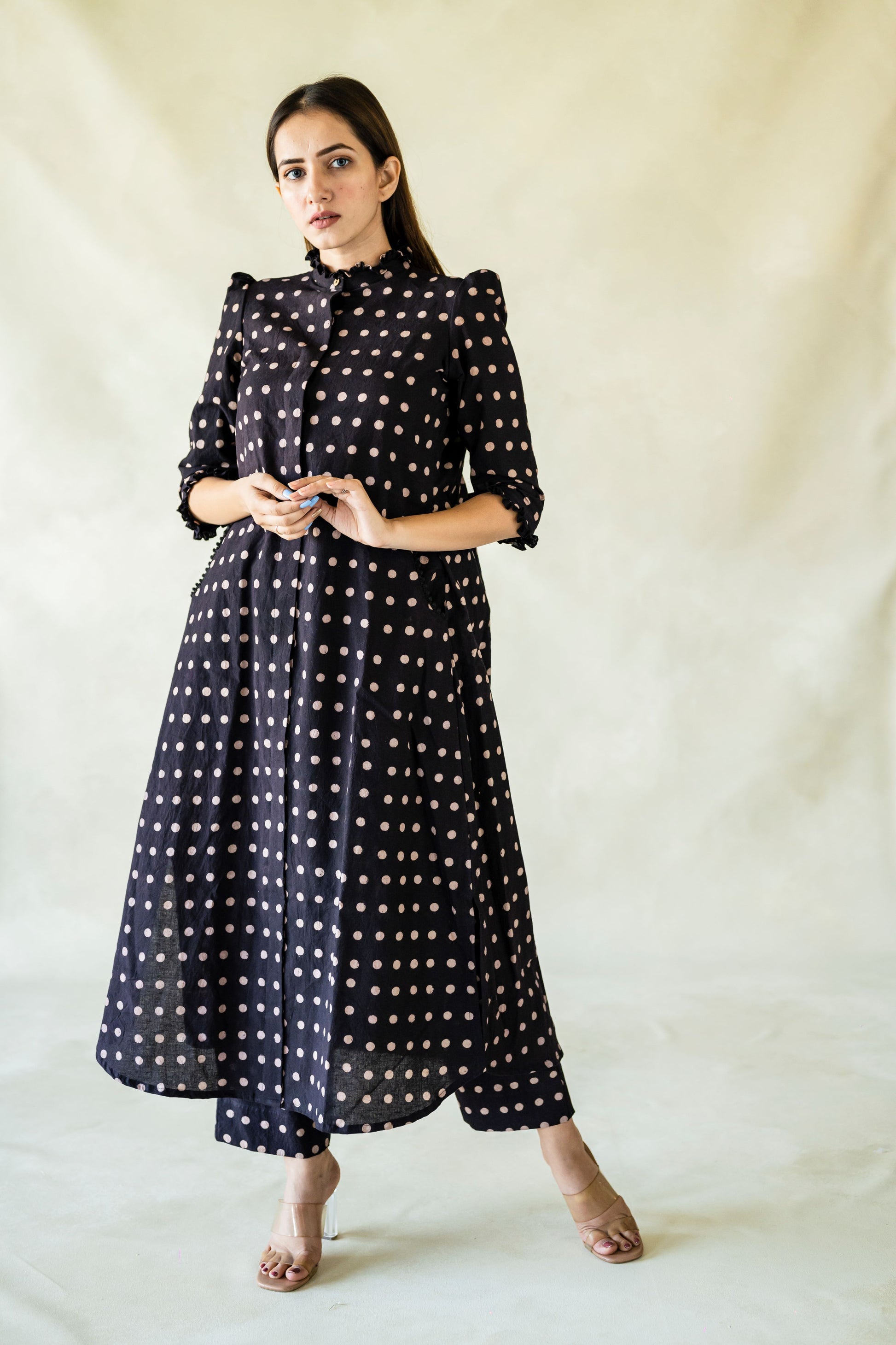 Black and white polka dots coord set, Handmade polka dots kurta and pants set, Natural dyed black polka dots coord set in cotton, Slow fashion, Handmade clothing