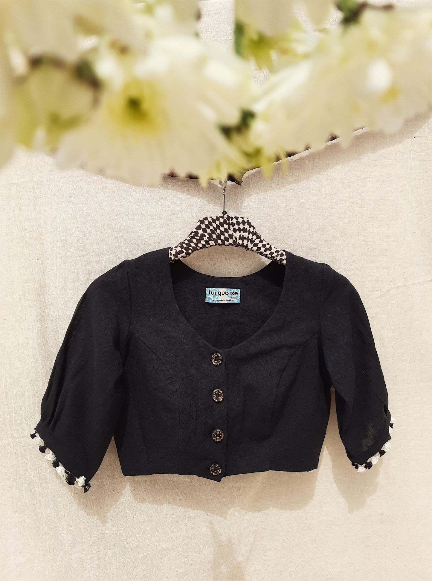 Black handwoven organic cotton blouse, Natural dyed hand spun handwoven organic cotton blouse in black color, Slow fashion
