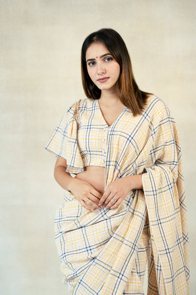 Checkered handwoven organic cotton saree blouse, Hand spun organic cotton coord set, Checks organic cotton saree and blouse, Slow fashion