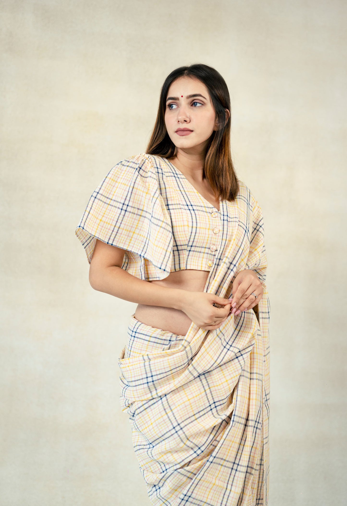 Checkered handwoven organic cotton saree blouse, Hand spun organic cotton coord set, Checks organic cotton saree and blouse, Slow fashion