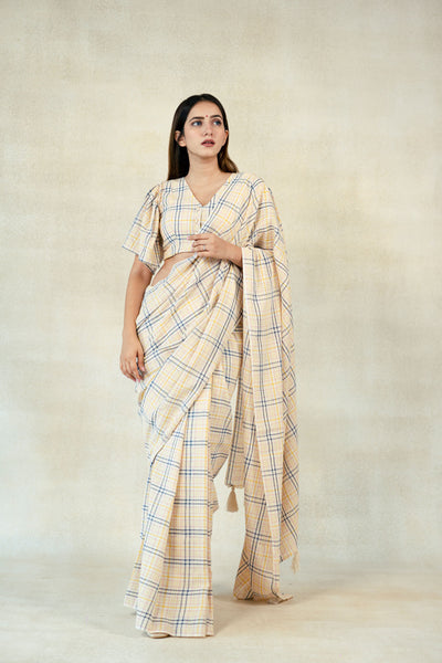 Checkered handwoven organic cotton saree blouse, Hand spun organic cotton coord set, Checks organic cotton saree and blouse, Slow fashion