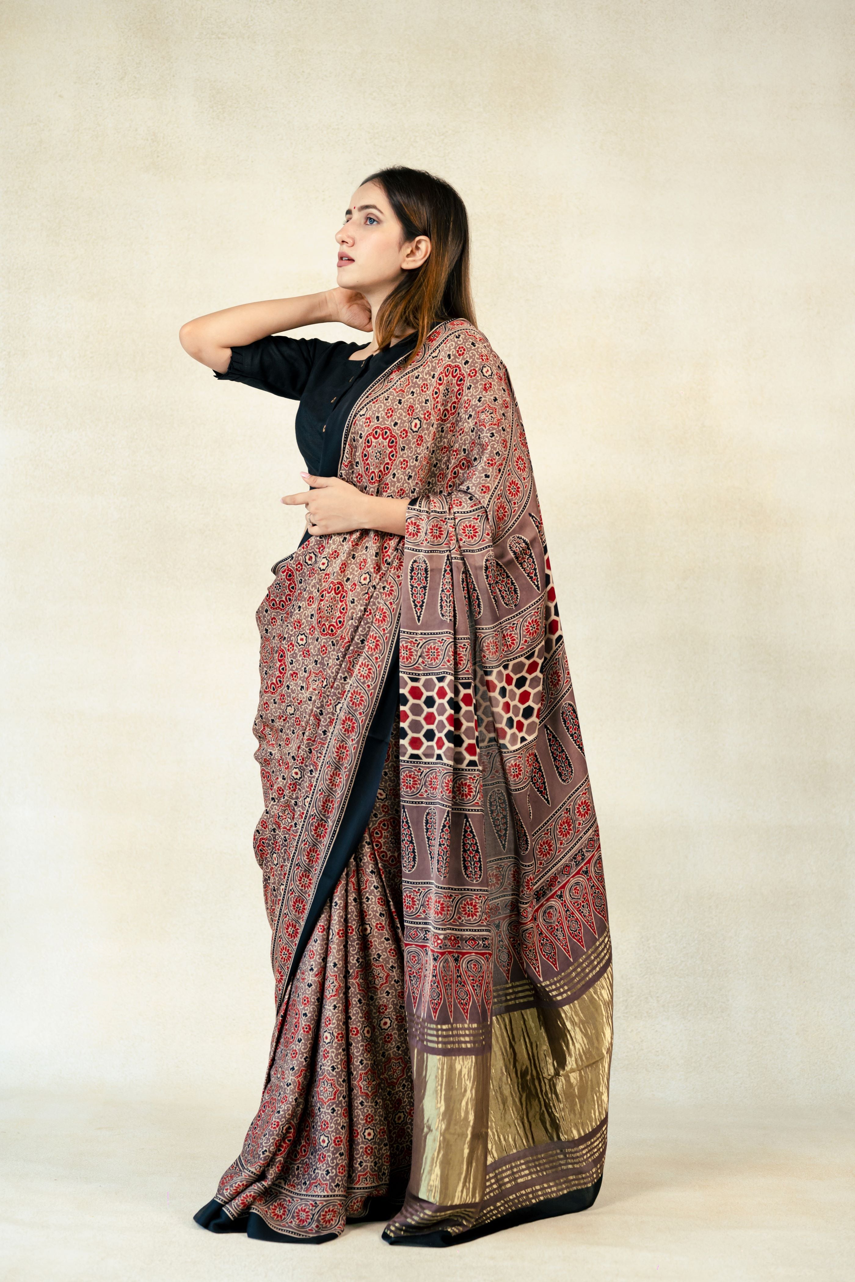 Handcrafted modal silk saree with traditional Ajrakh prints in vegetable  dyes – Bhoomi Handicrafts