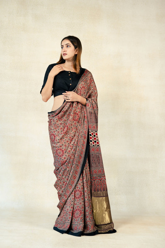 Earthy brown ajrakh print modal silk saree, Ajrakh hand block print modal silk saree, Ajrakh saree, Handmade saree, Slow fashion