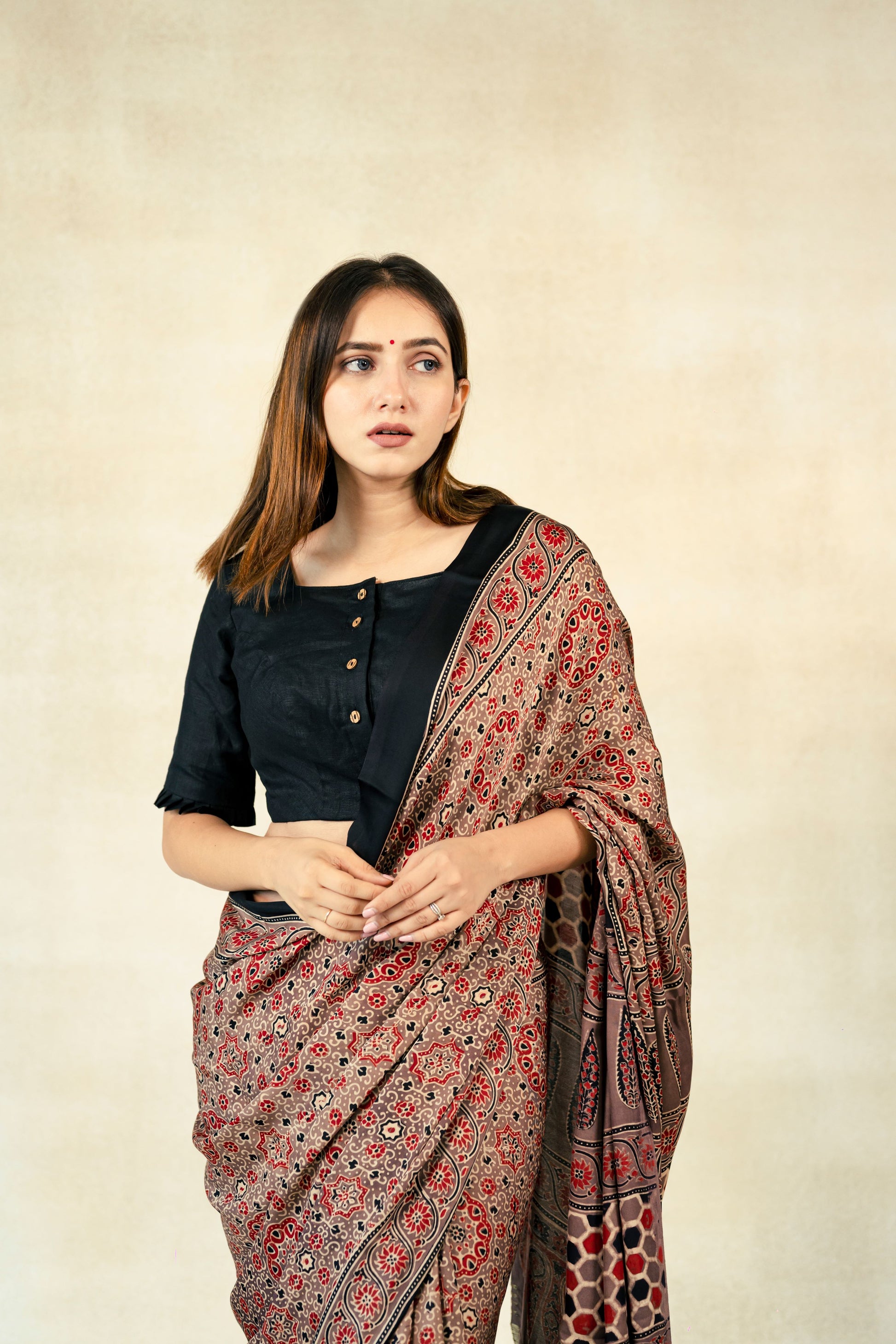 Earthy brown ajrakh print modal silk saree, Ajrakh hand block print modal silk saree, Ajrakh saree, Handmade saree, Slow fashion