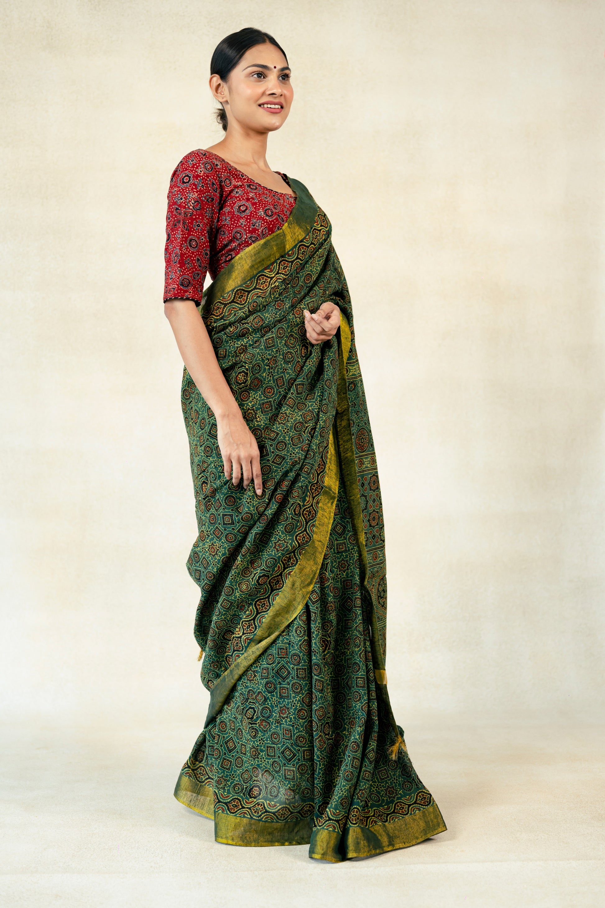 Green ajrakh cotton linen saree, Ajrakh sari, Ajrakh hand block print cotton linen saree