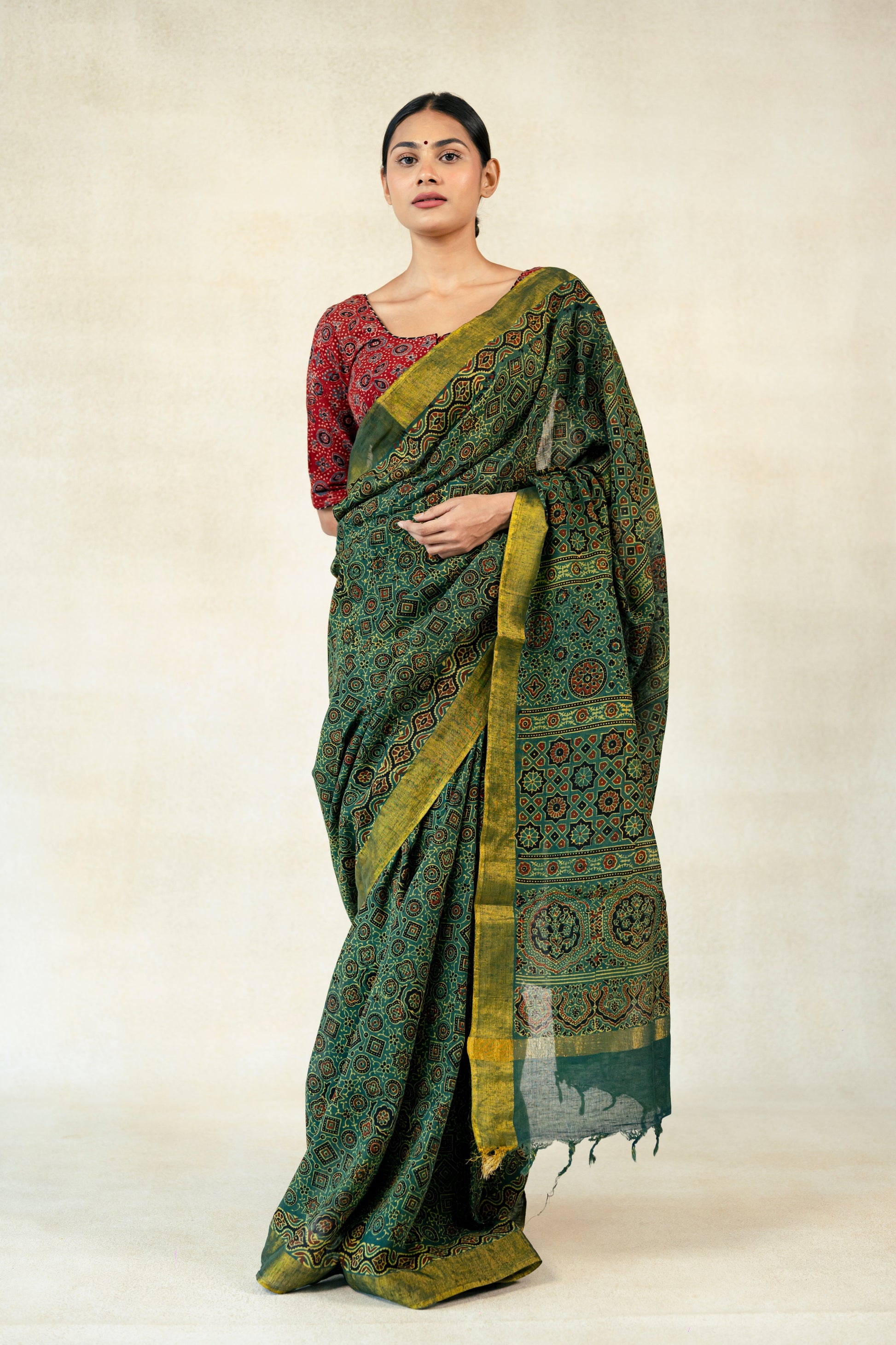 Green ajrakh cotton linen saree, Ajrakh sari, Ajrakh hand block print cotton linen saree