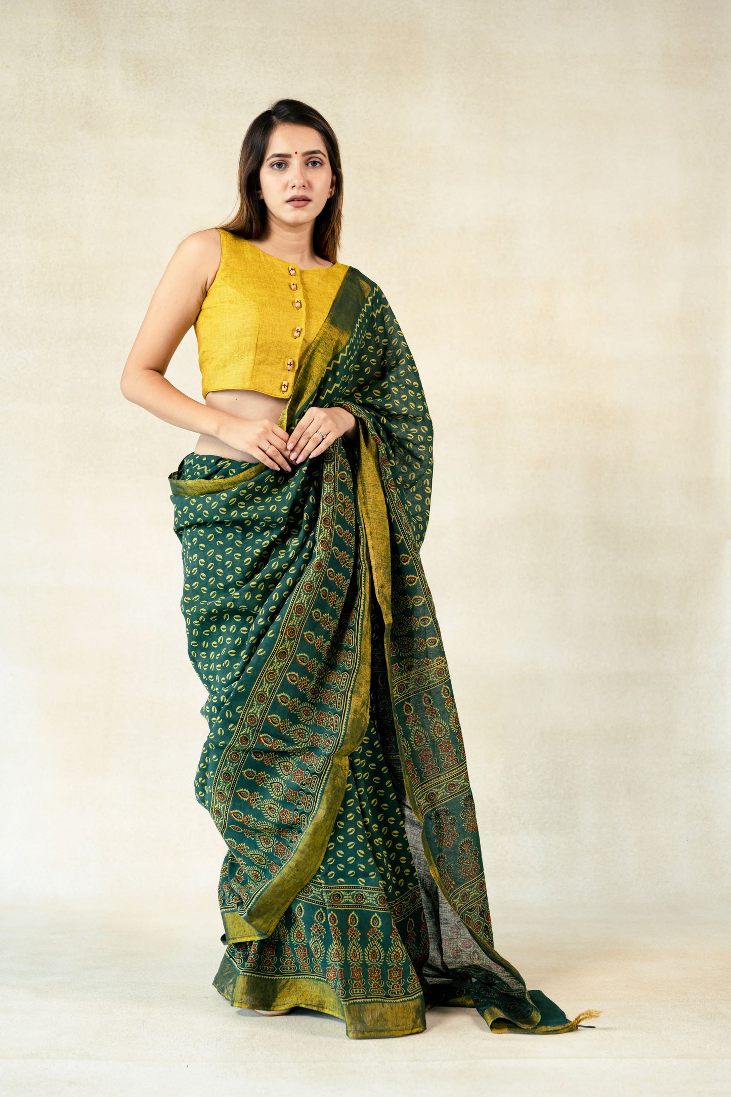 Green ajrakh prints linen saree, Linen ajrakh saree, Green ajrakh hand block print linen sari, Linen sari, Ethical fashion