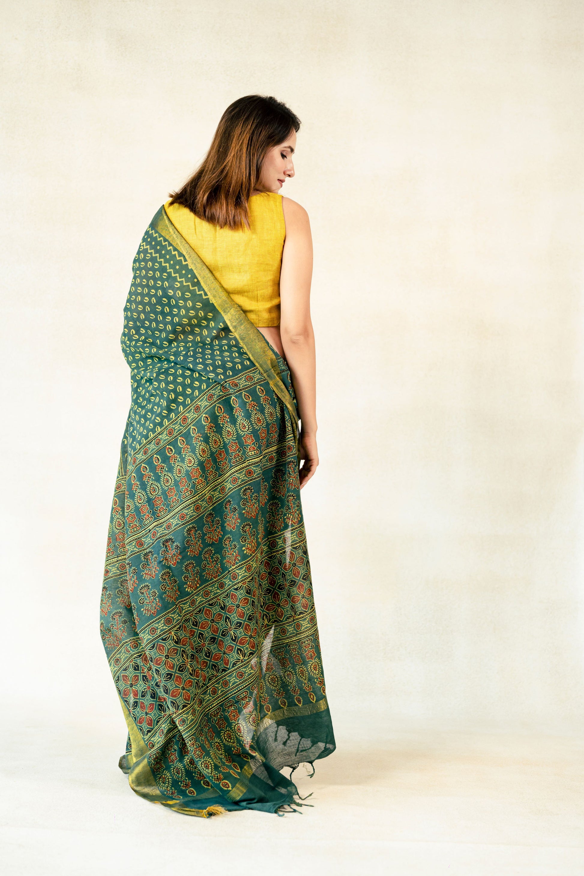 Green ajrakh prints linen saree, Linen ajrakh saree, Green ajrakh hand block print linen sari, Linen sari, Ethical fashion