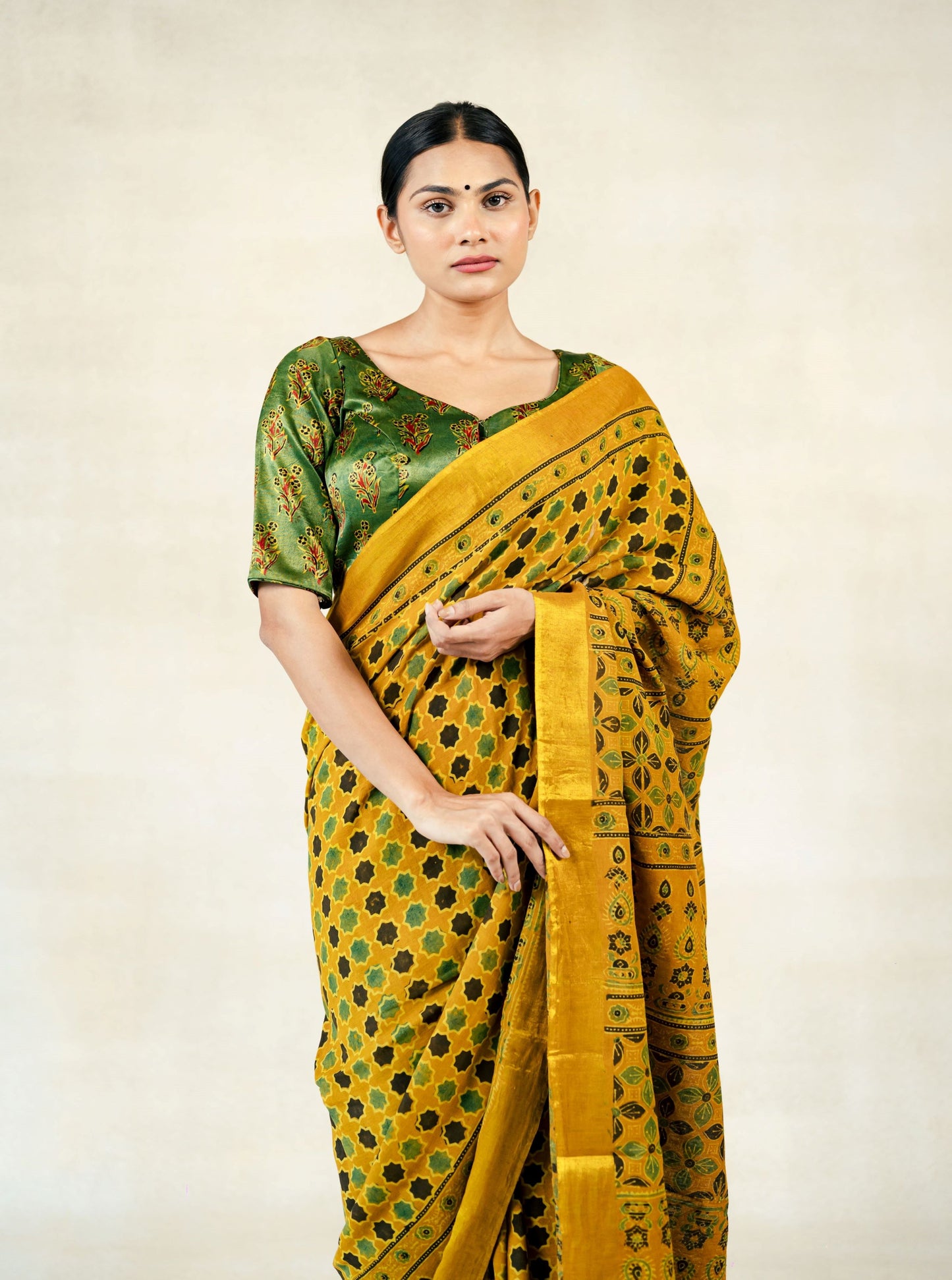 Green ajrakh mashru silk blouse, Mashru silk ajrakh blouse, Saree blouse, Sari