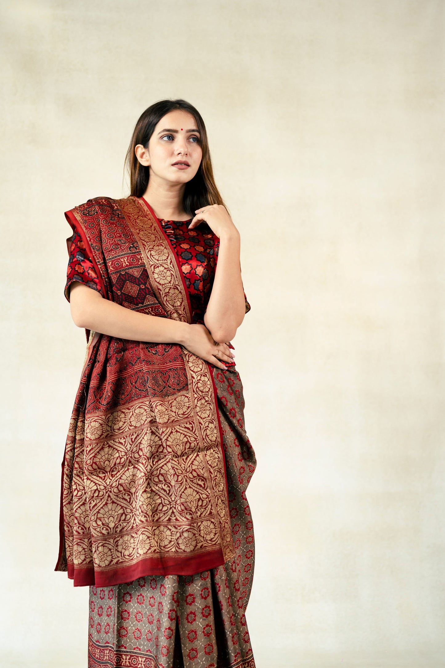 Grey ajrakh hand block print modal silk saree with zari border, Banarasi border ajrakh prints saree, Ethical fashion