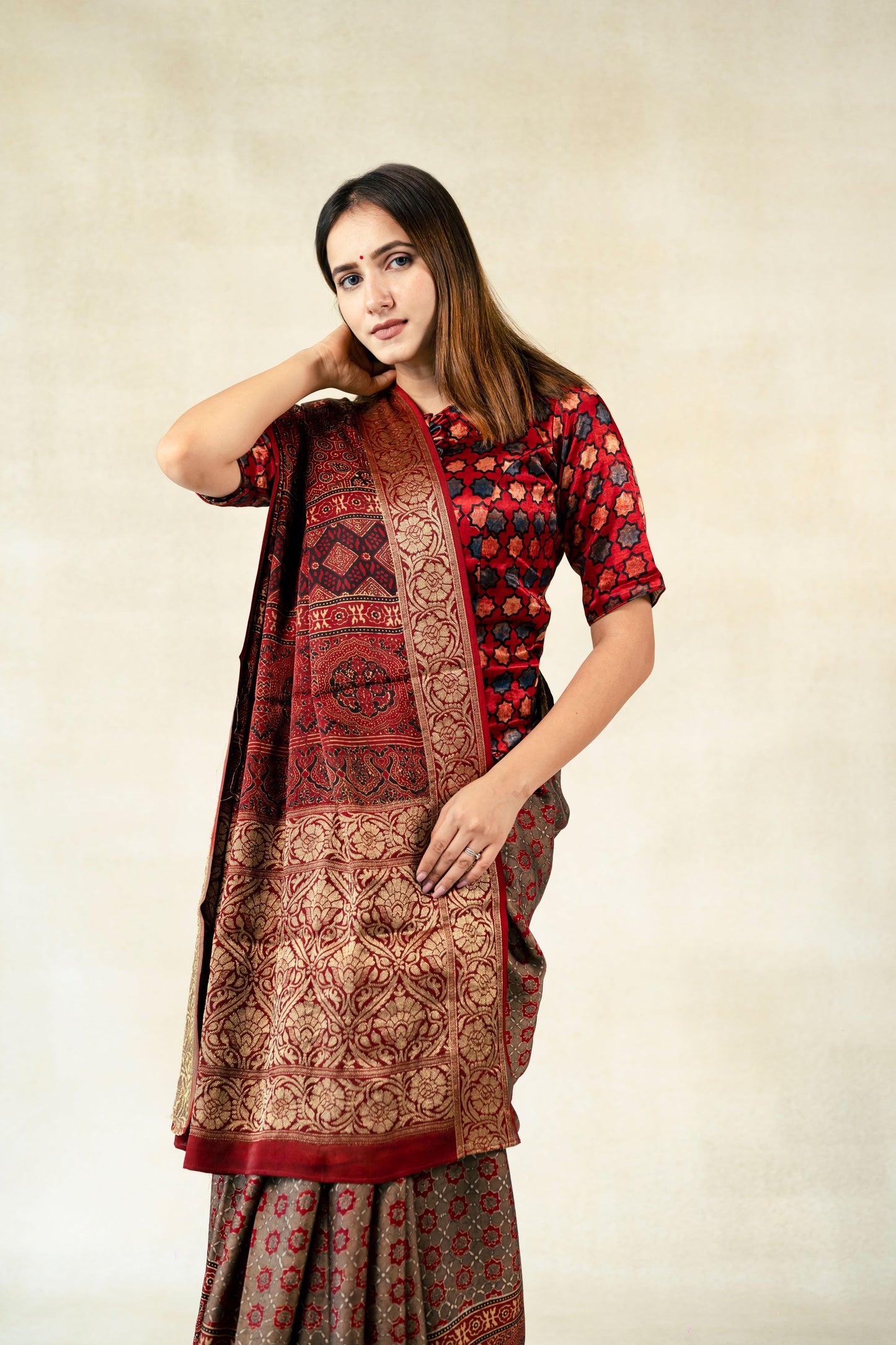 Grey ajrakh hand block print modal silk saree with zari border, Banarasi border ajrakh prints saree, Ethical fashion