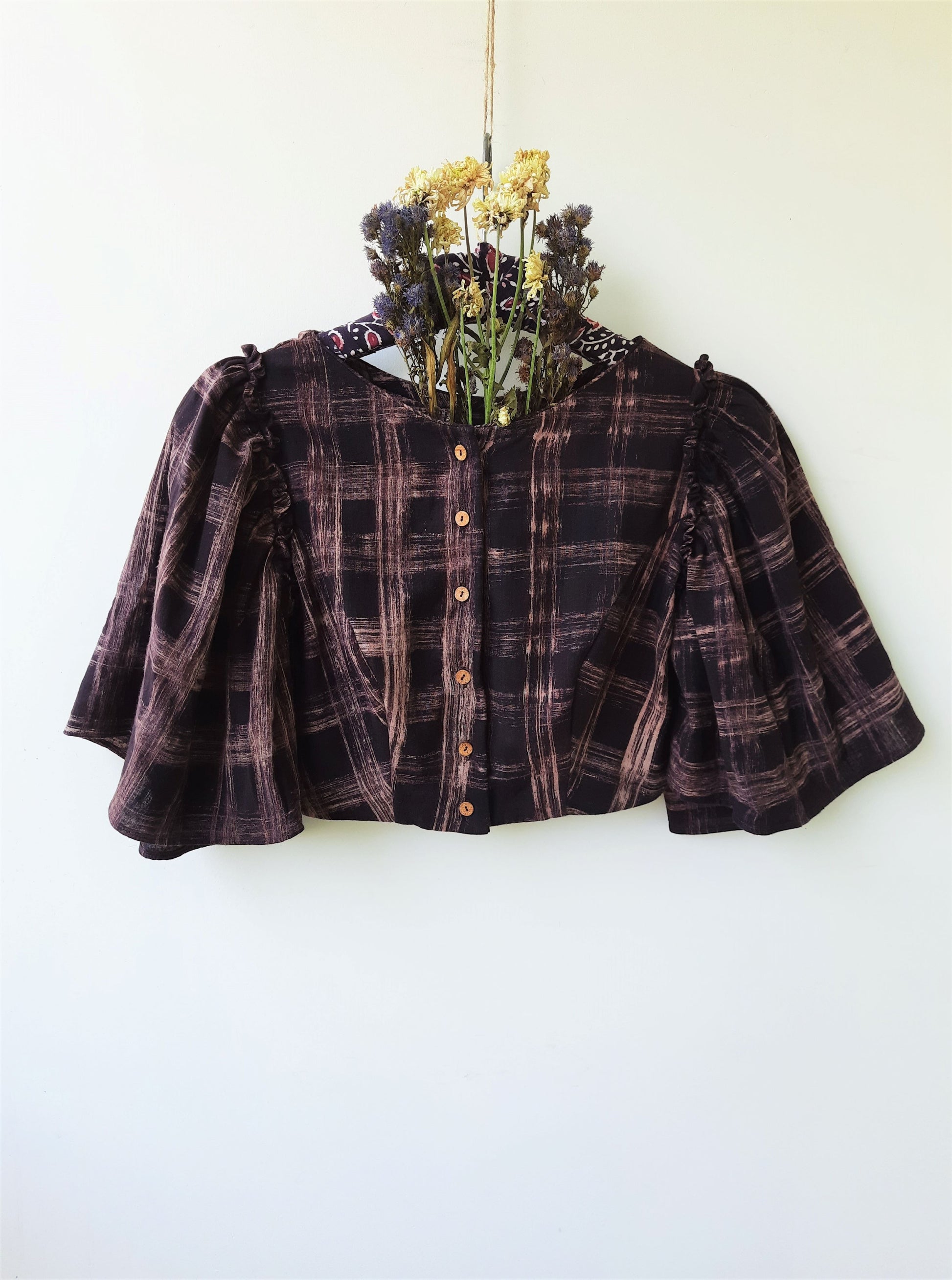 Hand spun and handwoven organic cotton blouse dyed using natural dyes, Organic cotton blouse, Hand block print organic cotton blouse