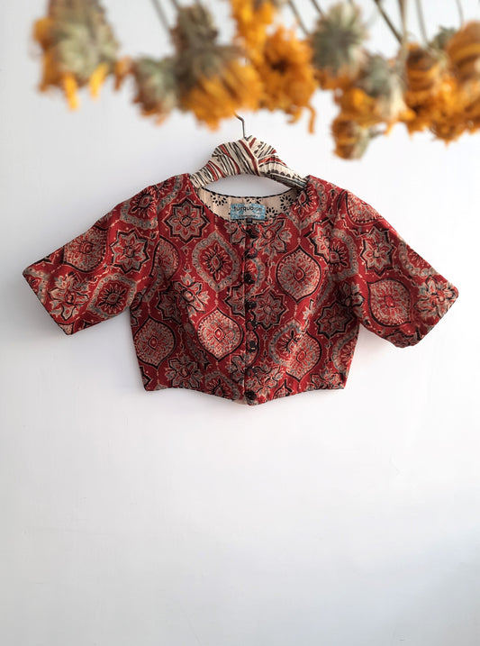 Hanspun organic cotton ajrakh blouse, Ajrakh hand block print organic cotton blouse, Handspun organic cotton sari blouse in madder red color