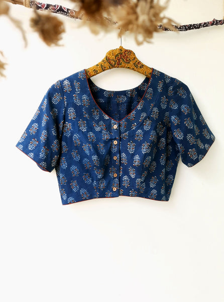 Indigo dyed ajrakh cotton blouse, Indiggo ajrakh prints saree blouse, Indigo ajrakh blouse