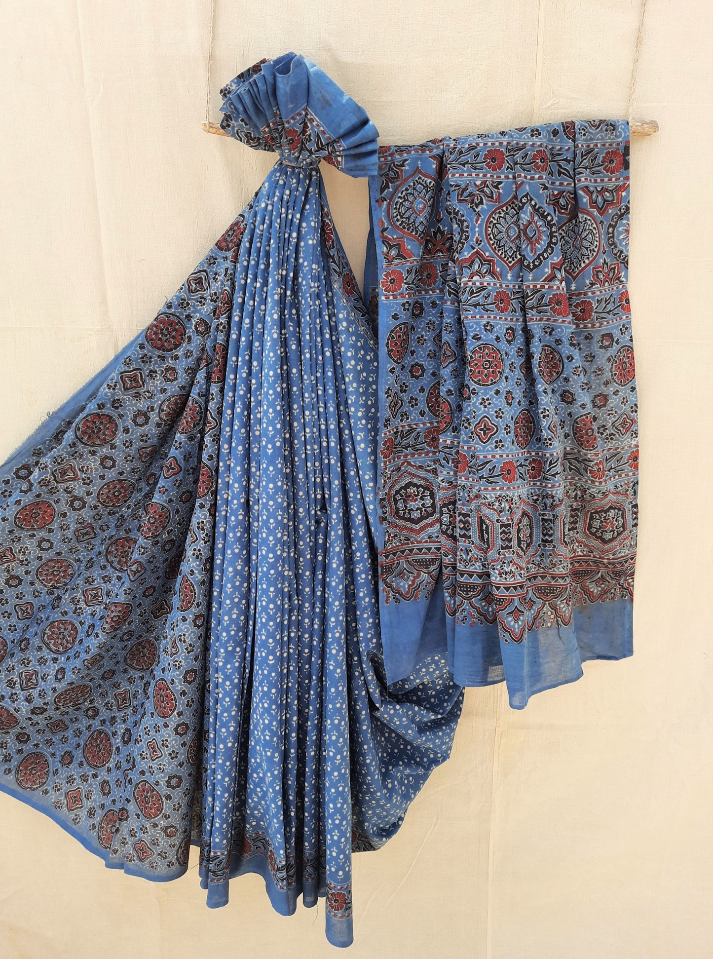 Indigo ajrakh cotton saree, Ajrakh hand block print indigo saree, Indigo ajrakh prints sari