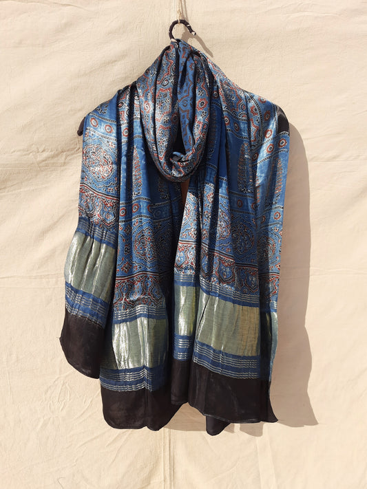 Indigo ajrakh dupatta in modal silk, Ajrakh prints modal silk dupatta dyed in indigo