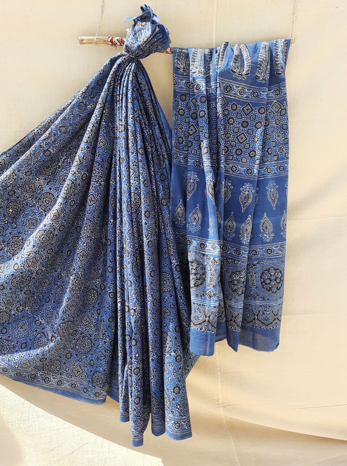 Ajrakh indigo saree, Cotton ajrakh prints saree, Ajrakh hand block prints indigo sari