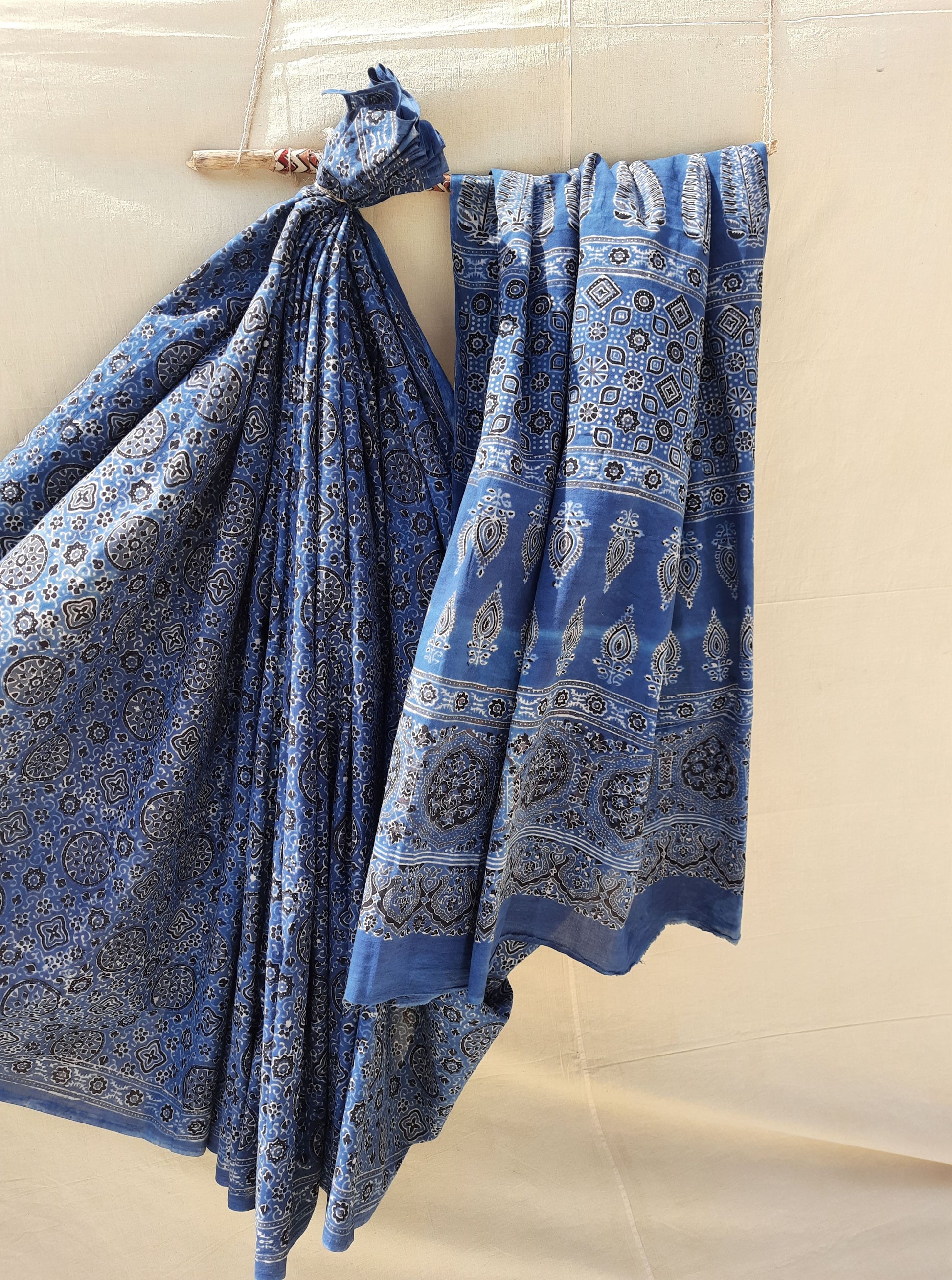 Ajrakh indigo saree, Cotton ajrakh prints saree, Ajrakh hand block prints indigo sari