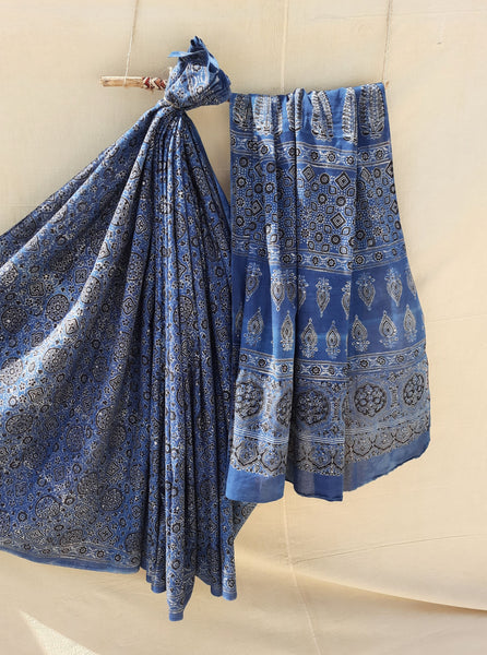 Ajrakh indigo saree, Cotton ajrakh prints saree, Ajrakh hand block prints indigo sari