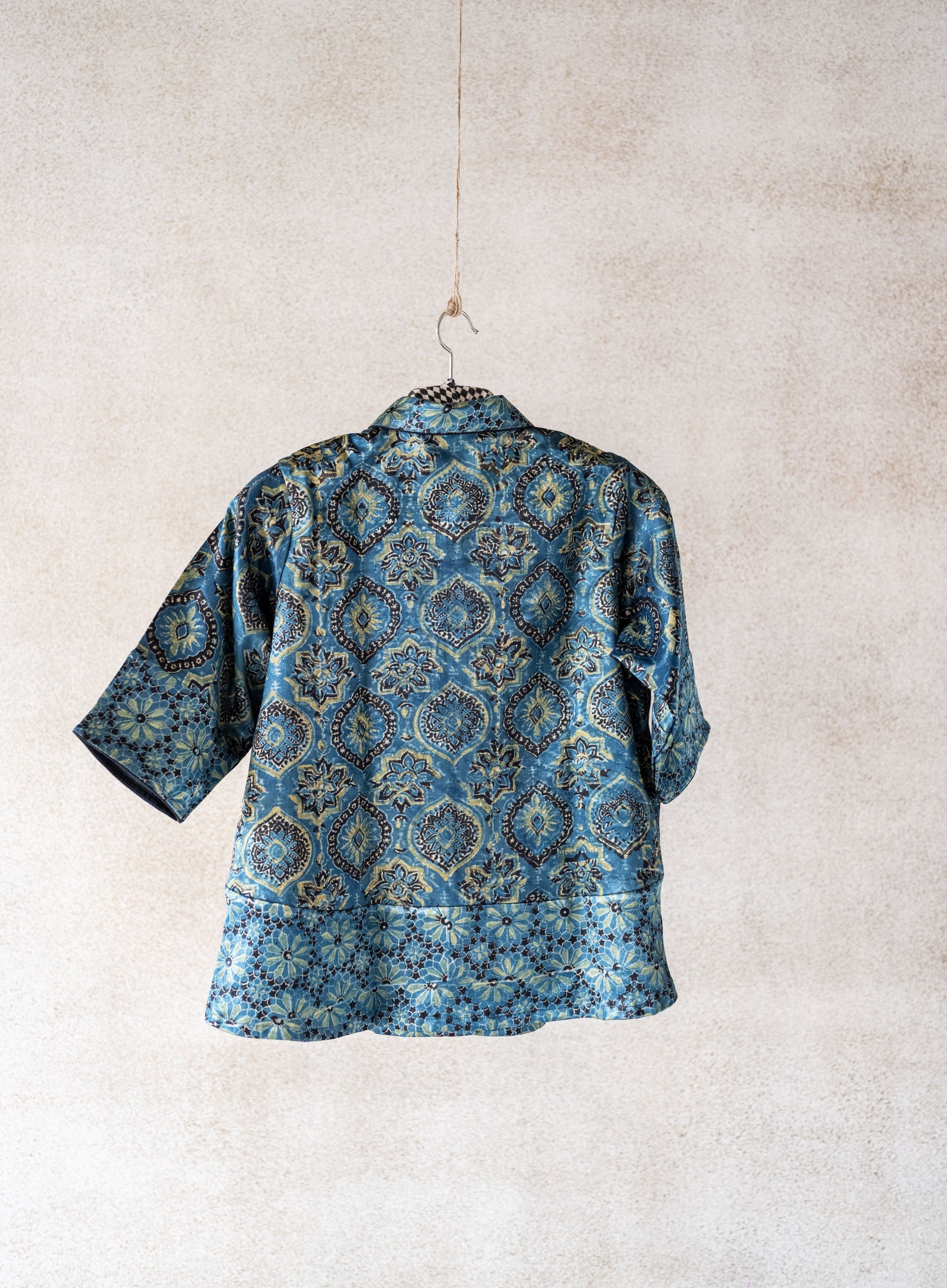 Indigo dyed ajrakh modal silk shirt, Conscious fashion