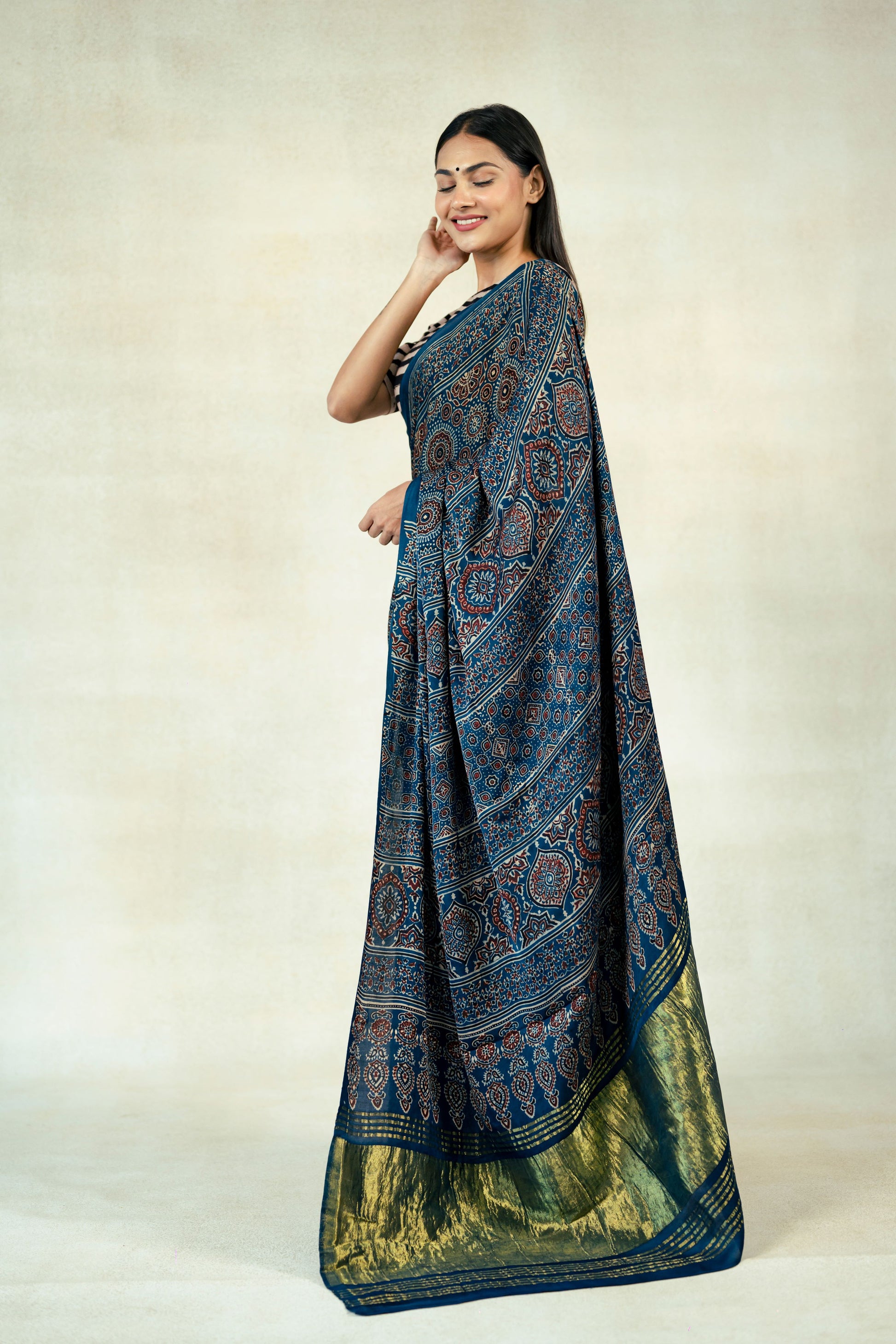 Indigo ajrakh hand block print modal silk saree, Ajrakh prints modal silk saree with tissue pallu, Handmade ajrakh saree