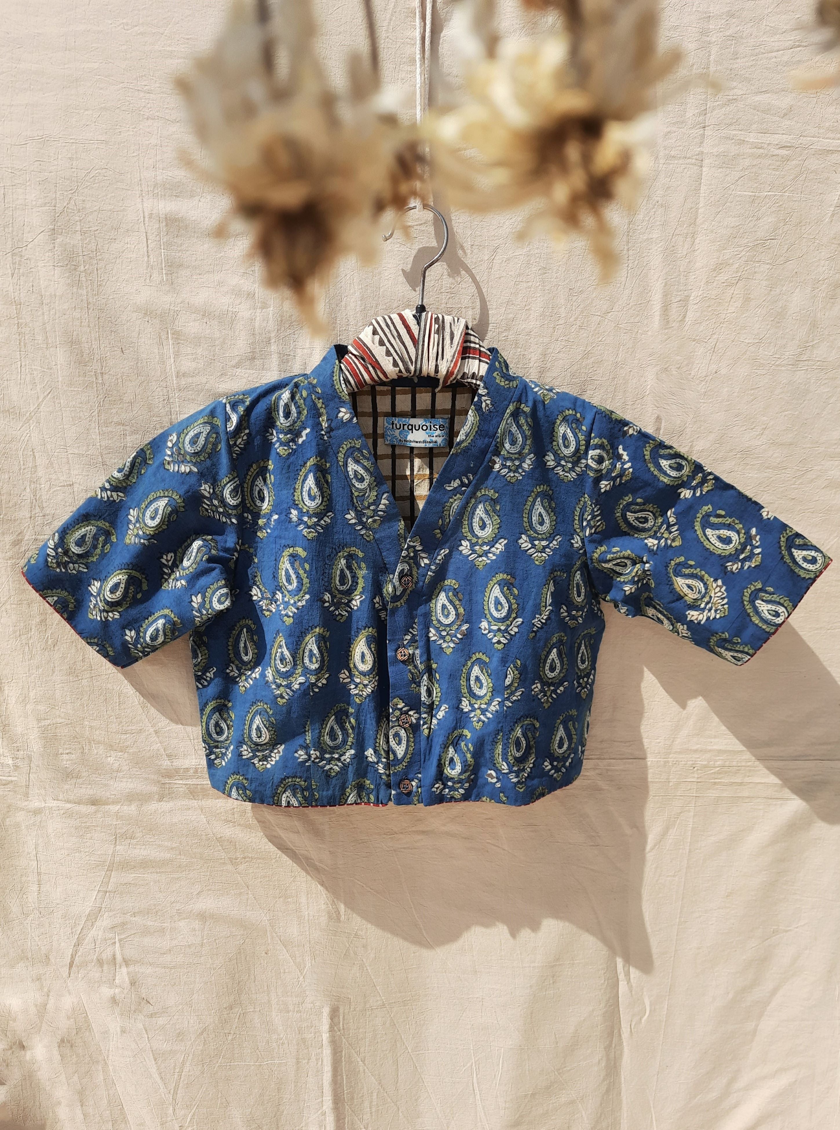Ambi print ajrakh blouse in indigo color – Turquoisethestore